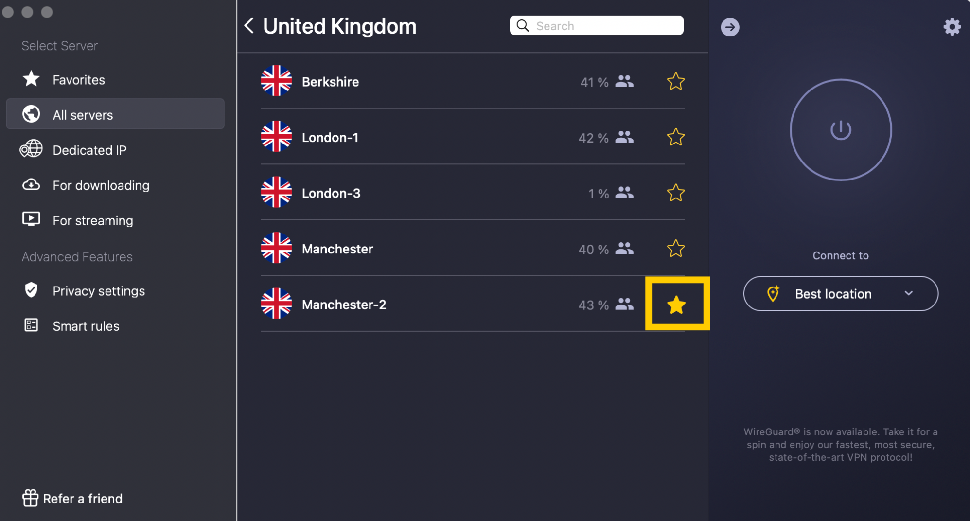 Serverliste für Großbritannien, wobei ein Server zu den Favoriten hinzugefügt wurde.
