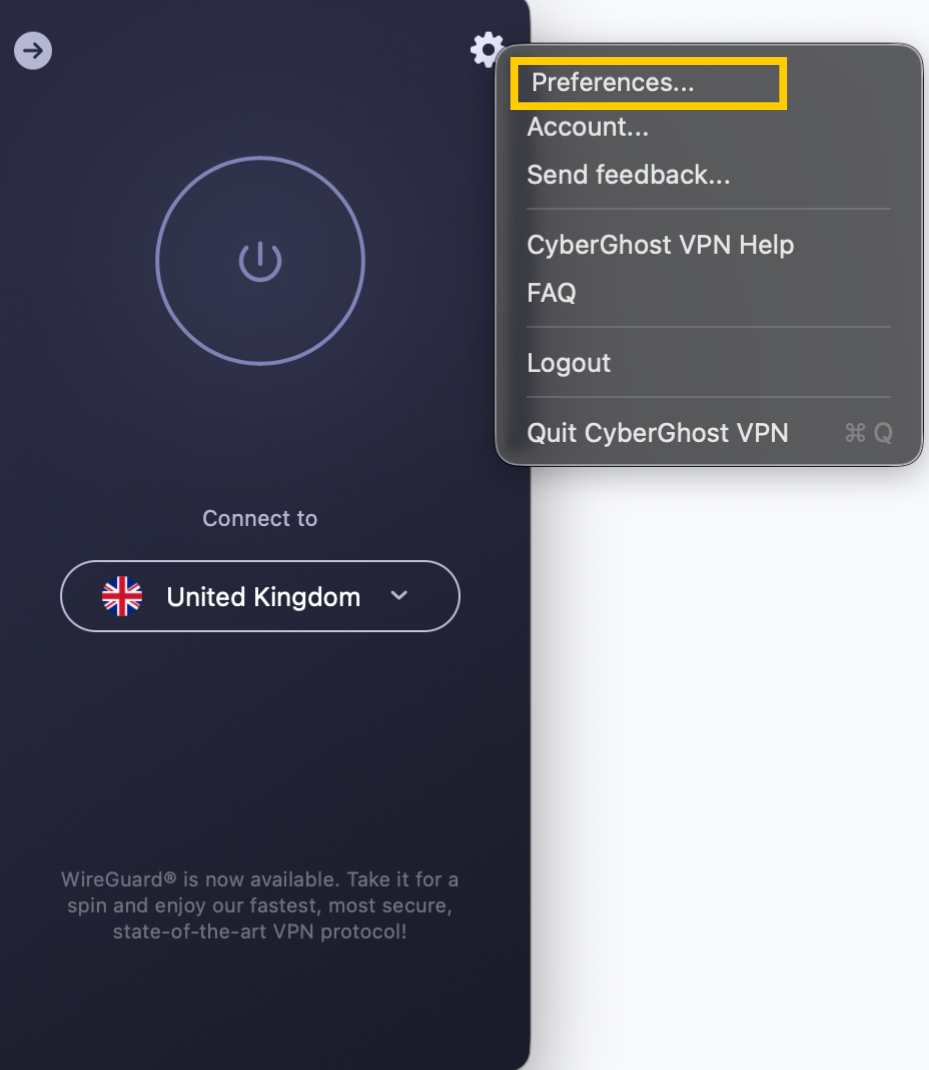 Die Option „Einstellungen“ ist im Einstellungsmenü der Mac-App von CyberGhost hervorgehoben.