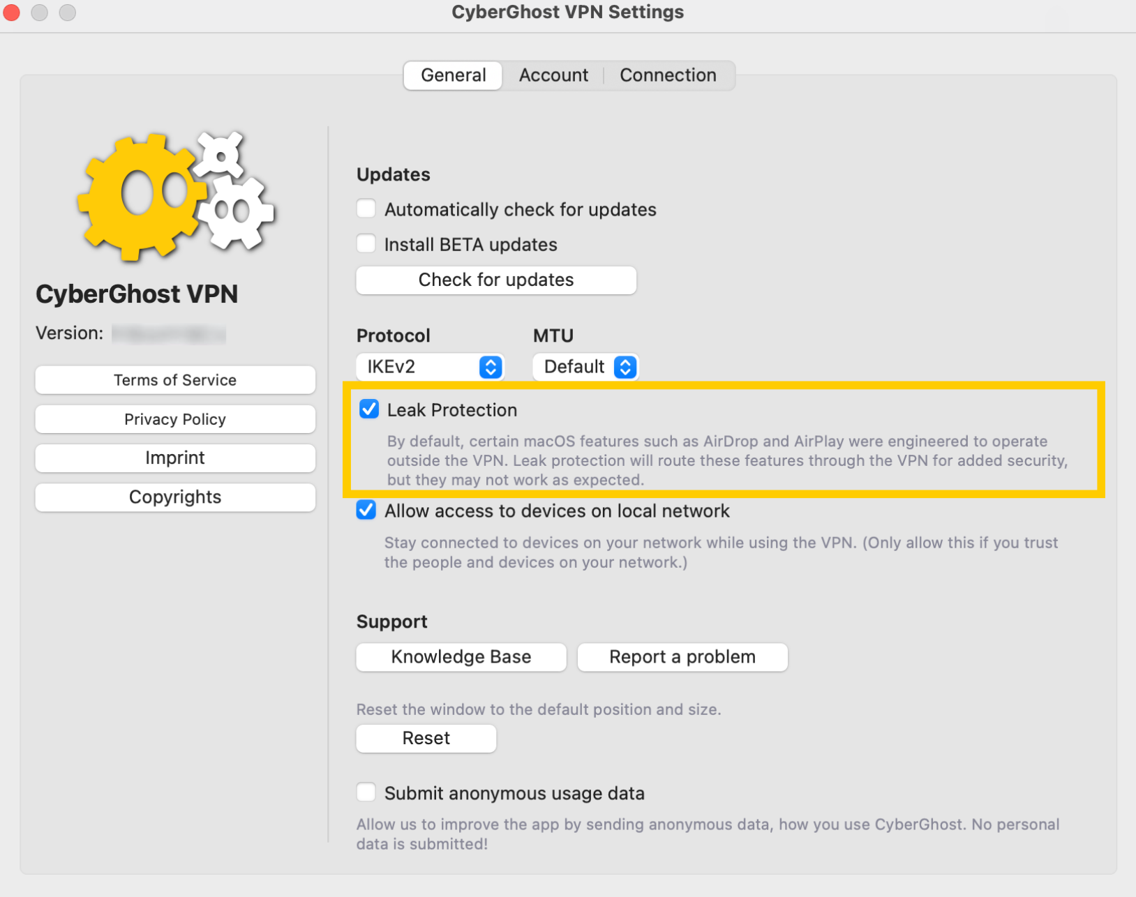 Die Einstellung „Schutz vor Lecks“ in CyberGhost VPN auf einem Mac.