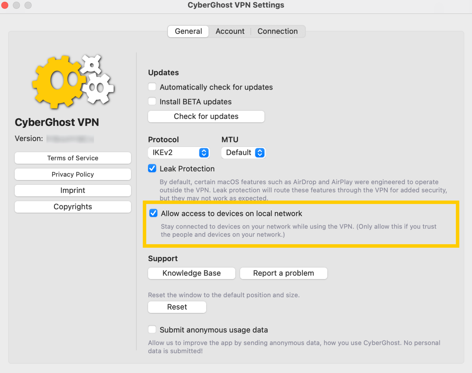 Die Einstellung „Zugriff auf Geräte im lokalen Netzwerk zulassen“ ist in der CyberGhost-App für Mac hervorgehoben.