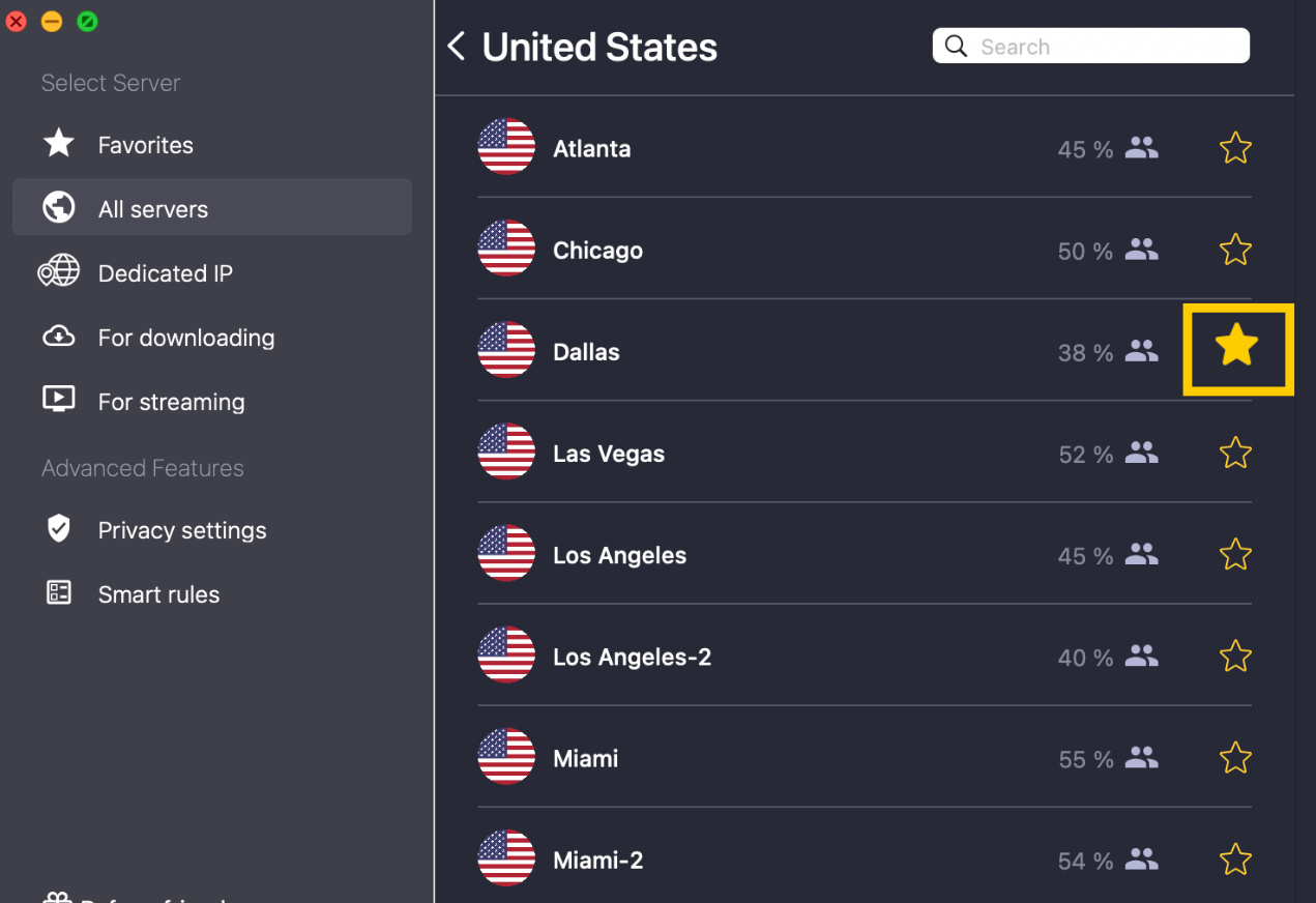 Serverliste von CyberGhost VPN mit markiertem Favoriten-Stern.