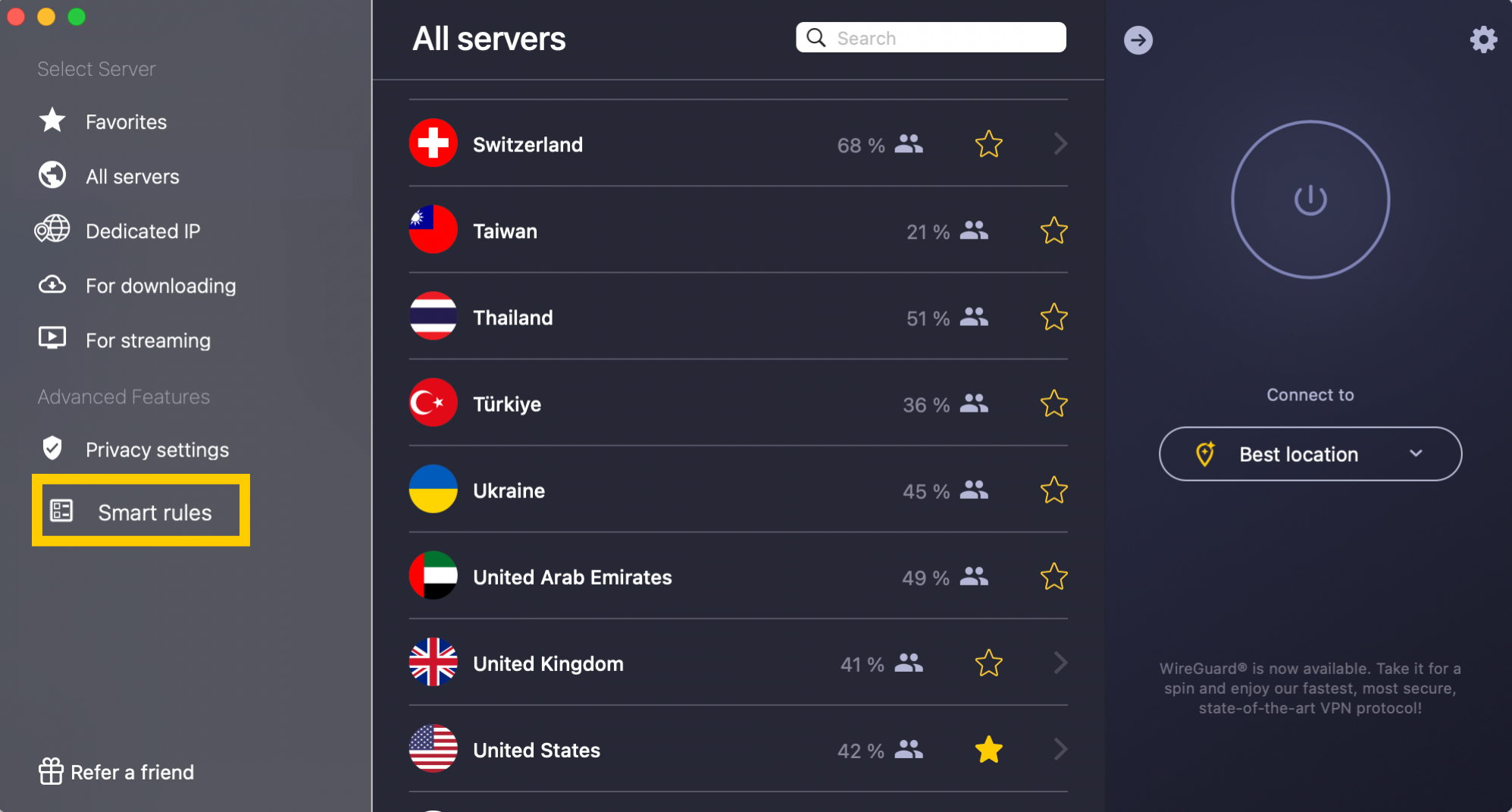 Option Smart Rules mise en évidence dans CyberGhost VPN sur Mac.