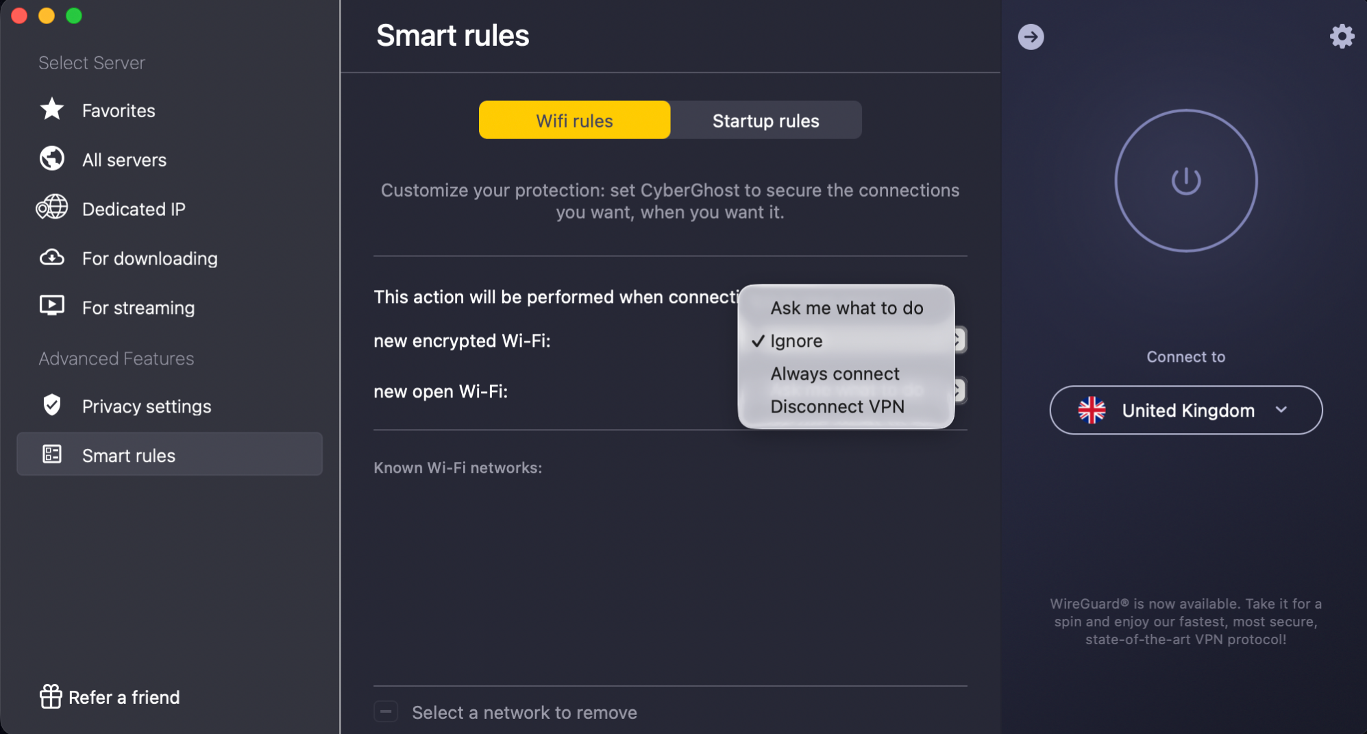 Menu des Règles Wi-Fi mis en évidence dans CyberGhost VPN sur Mac.