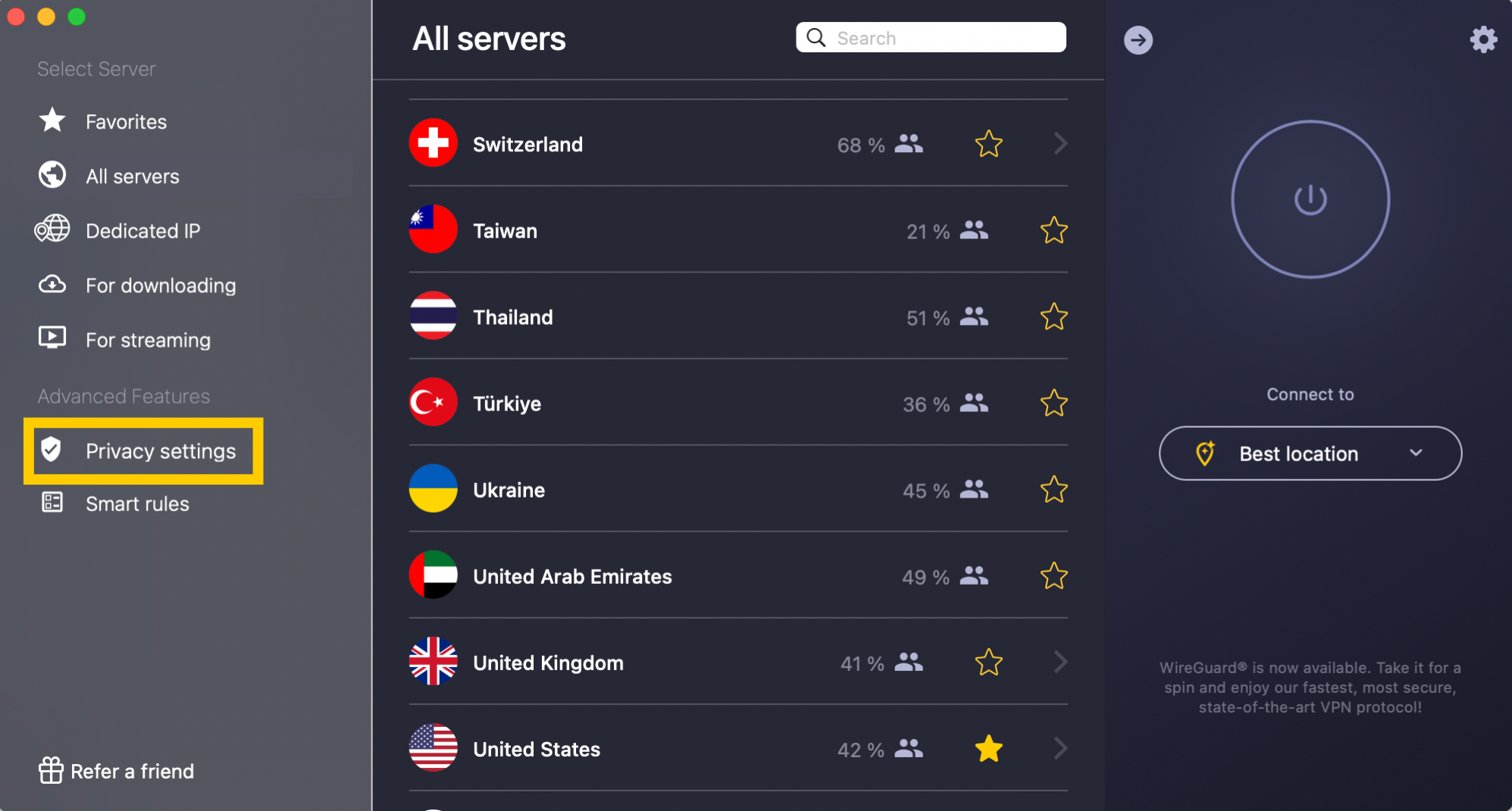 Option des paramètres de confidentialité mise en évidence dans CyberGhost VPN sur Mac.