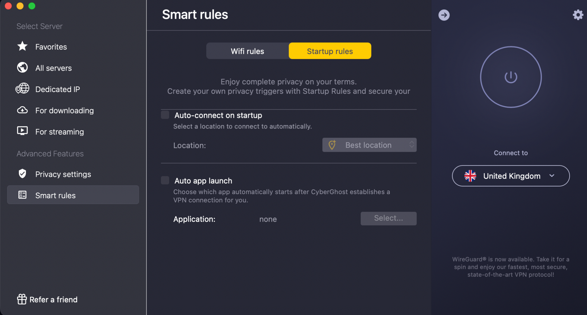 Onglet Règles de démarrage mis en évidence dans les Smart Rules de CyberGhost VPN sur Mac.