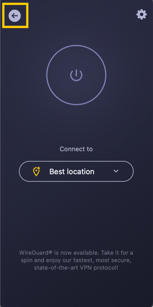 Die Zurück-Schaltfläche von CyberGhost VPN auf dem Mac.