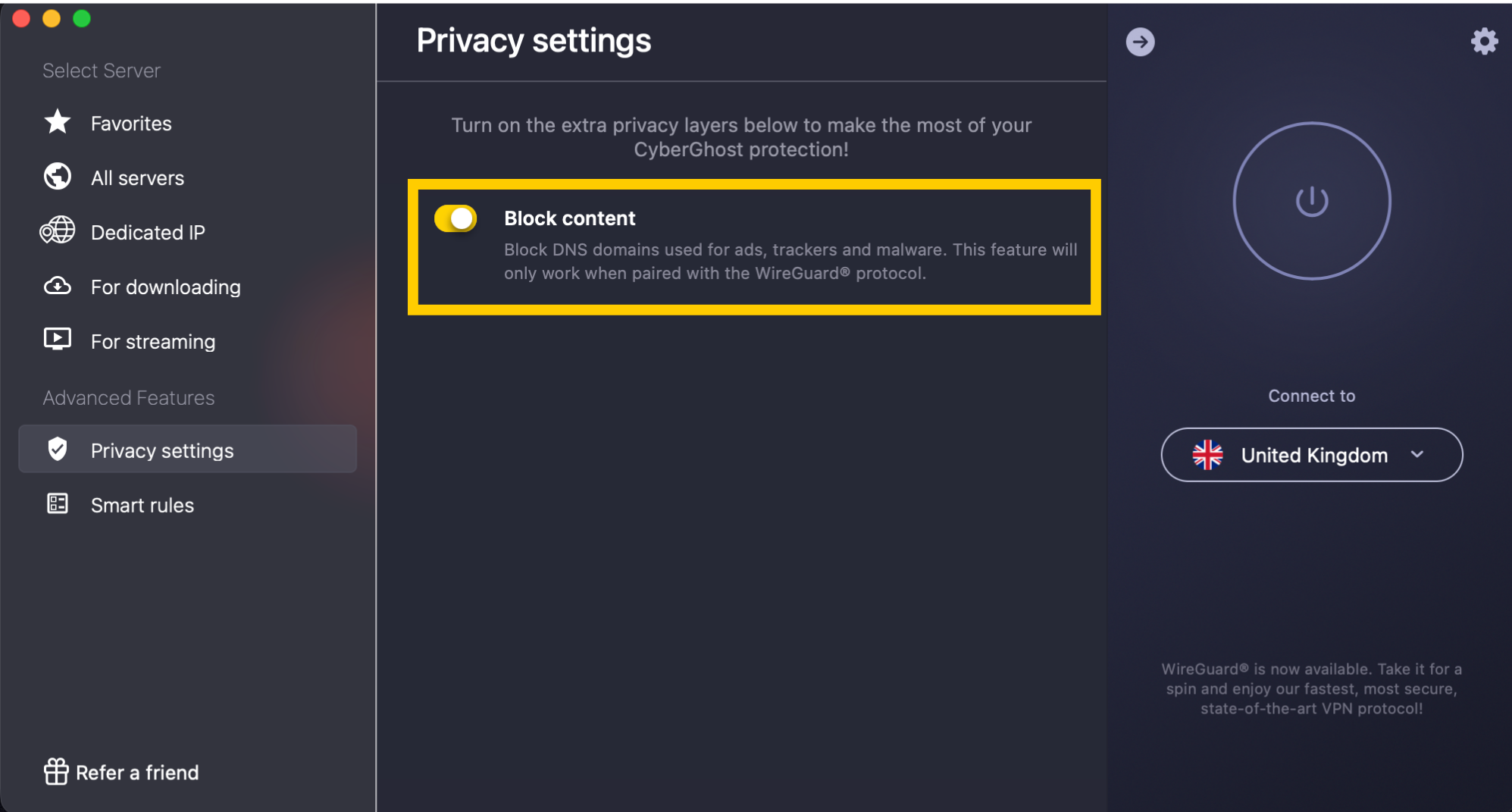 Einstellung zum Blockieren von Inhalten, hervorgehoben in den Datenschutzeinstellungen von CyberGhost VPN auf einem Mac.