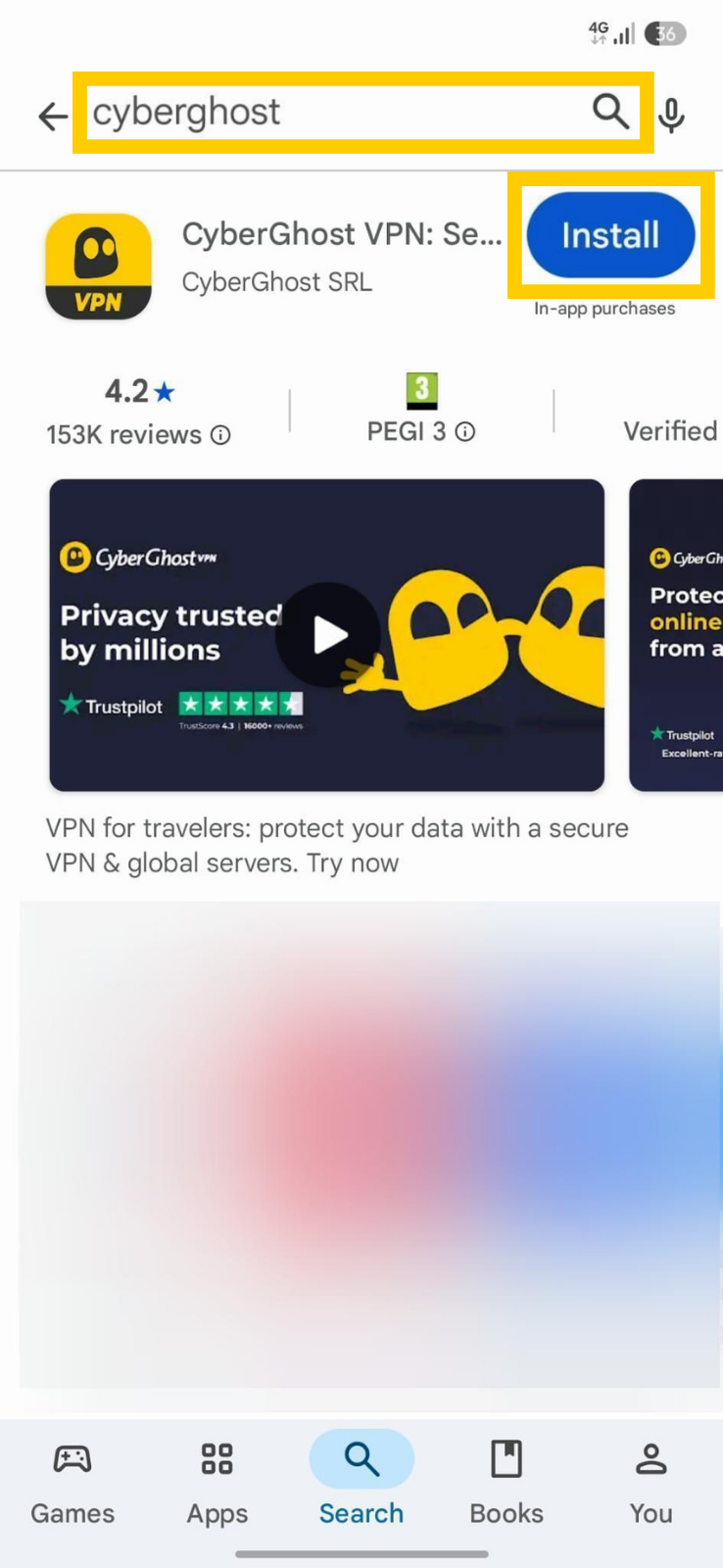 Application CyberGhost VPN sur le Google Play Store.