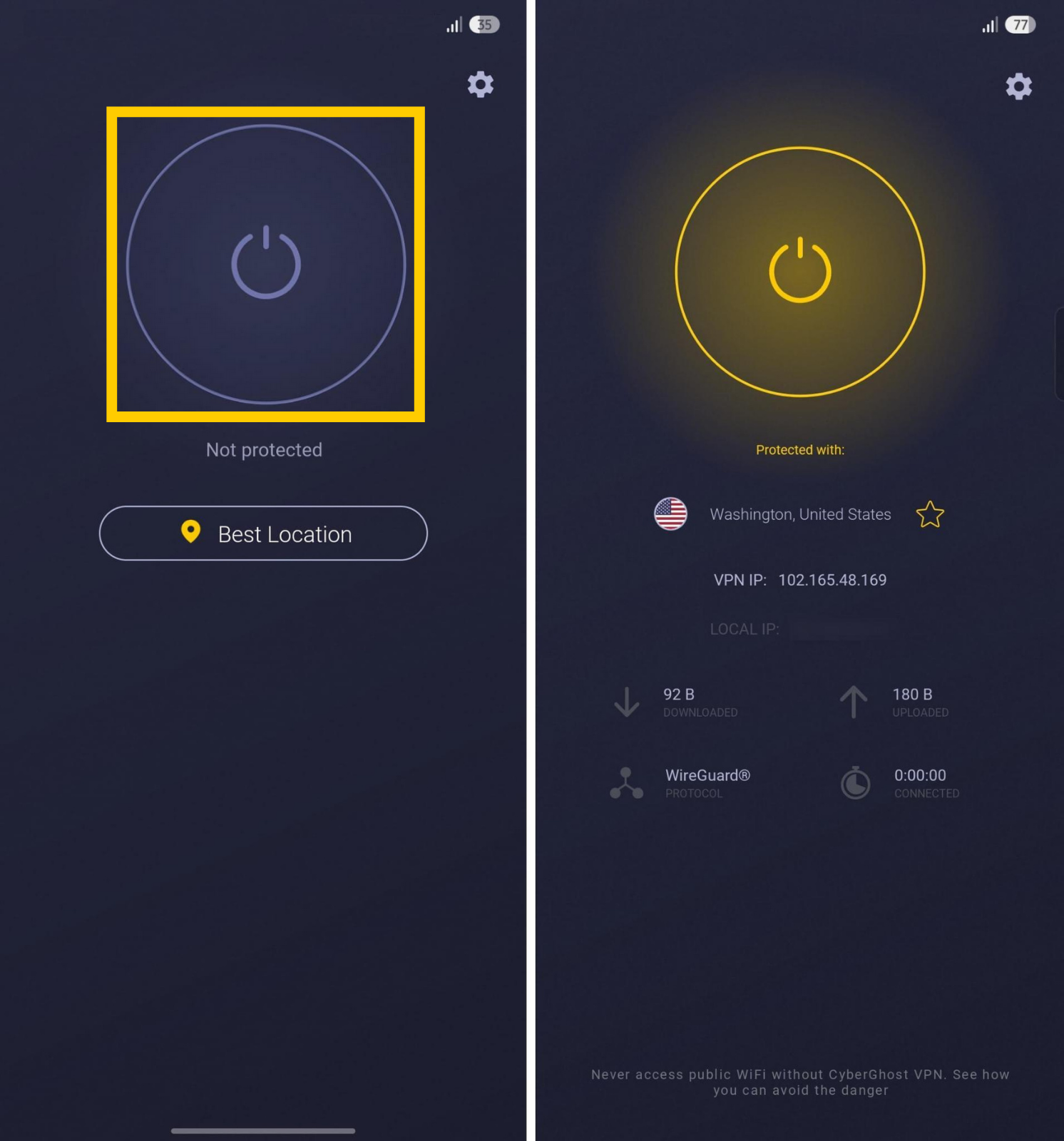 Die Schnellverbindungsfunktion von CyberGhost VPN auf Android.