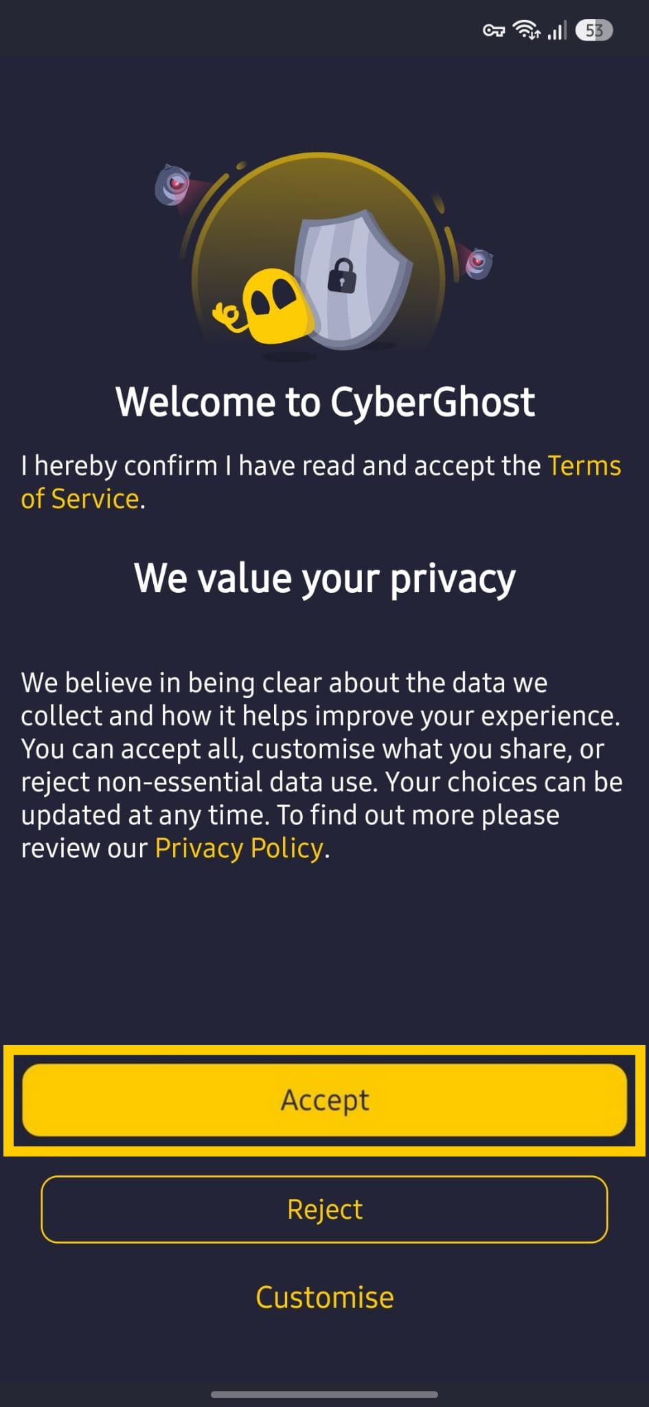 CyberGhost-Startbildschirm mit den Datenschutzoptionen, um die Weitergabe von Daten zu akzeptieren, abzulehnen oder anzupassen.