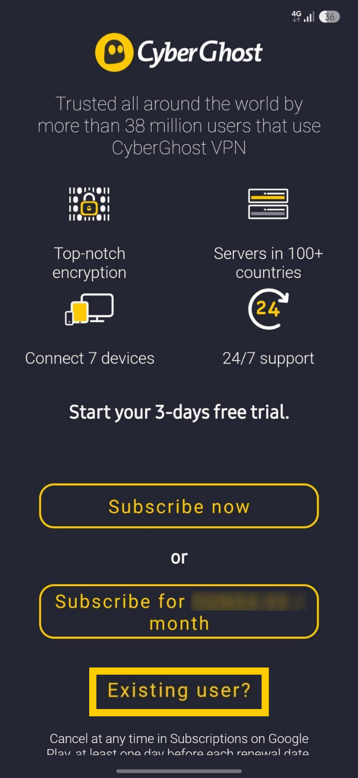 Bildschirm zur Einrichtung deines Kontos bei CyberGhost VPN und zum Abonnement in der Android-App.