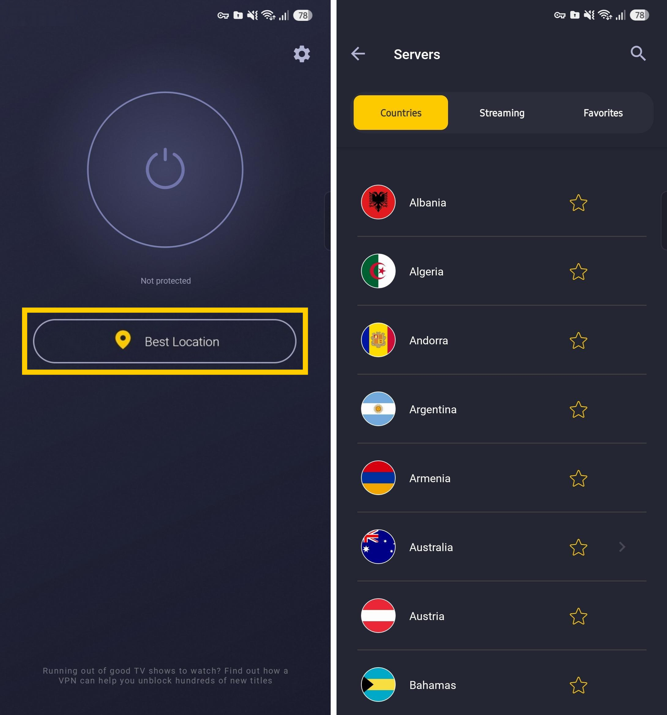 Menu de navigation avec la liste complète des serveurs dans l'application CyberGhost pour Android.