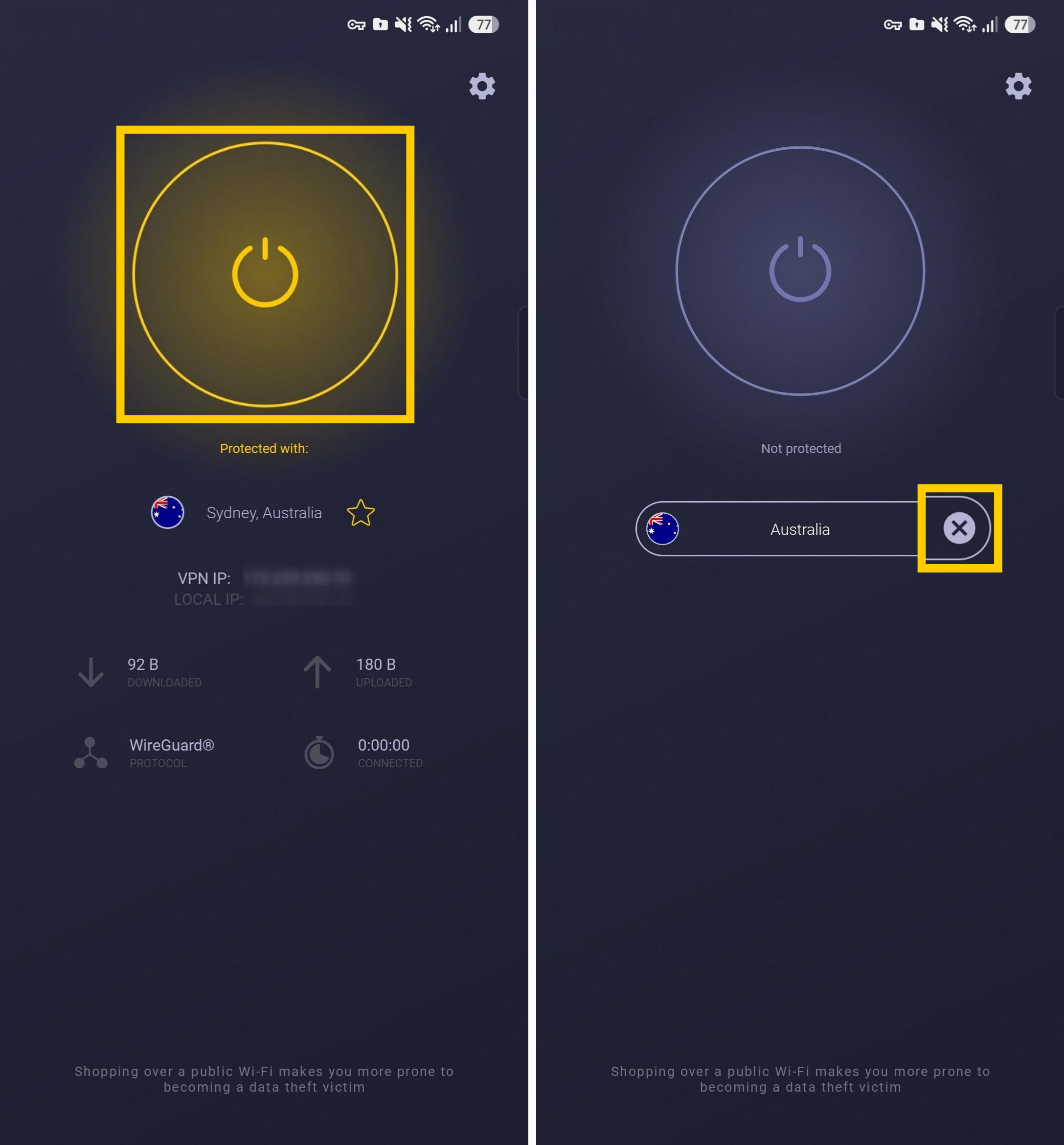 Se déconnecter d'un serveur VPN depuis l'application CyberGhost VPN pour Android.