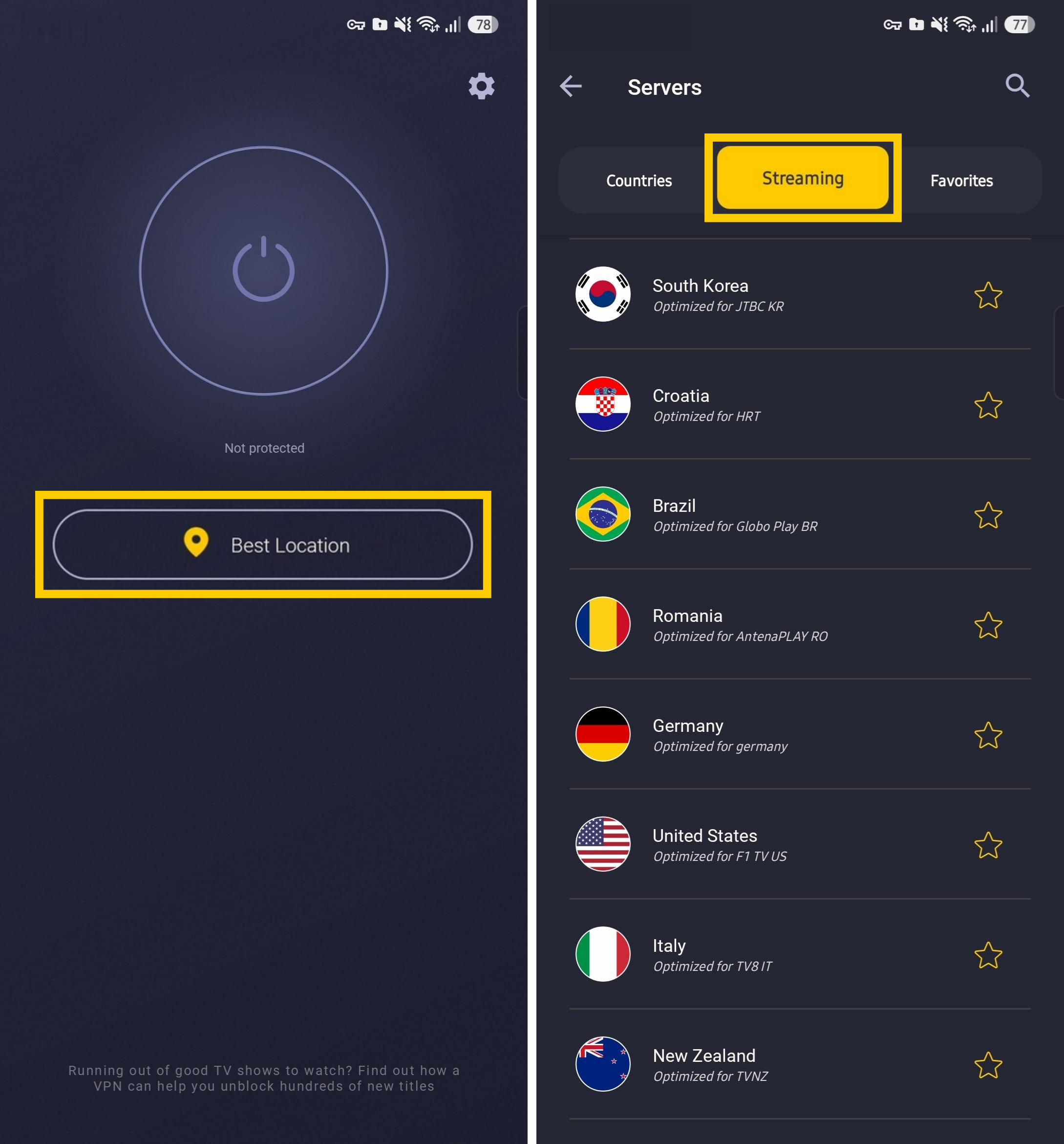 Onglet des serveurs CyberGhost listant les meilleures connexions pour le streaming de contenu en ligne.