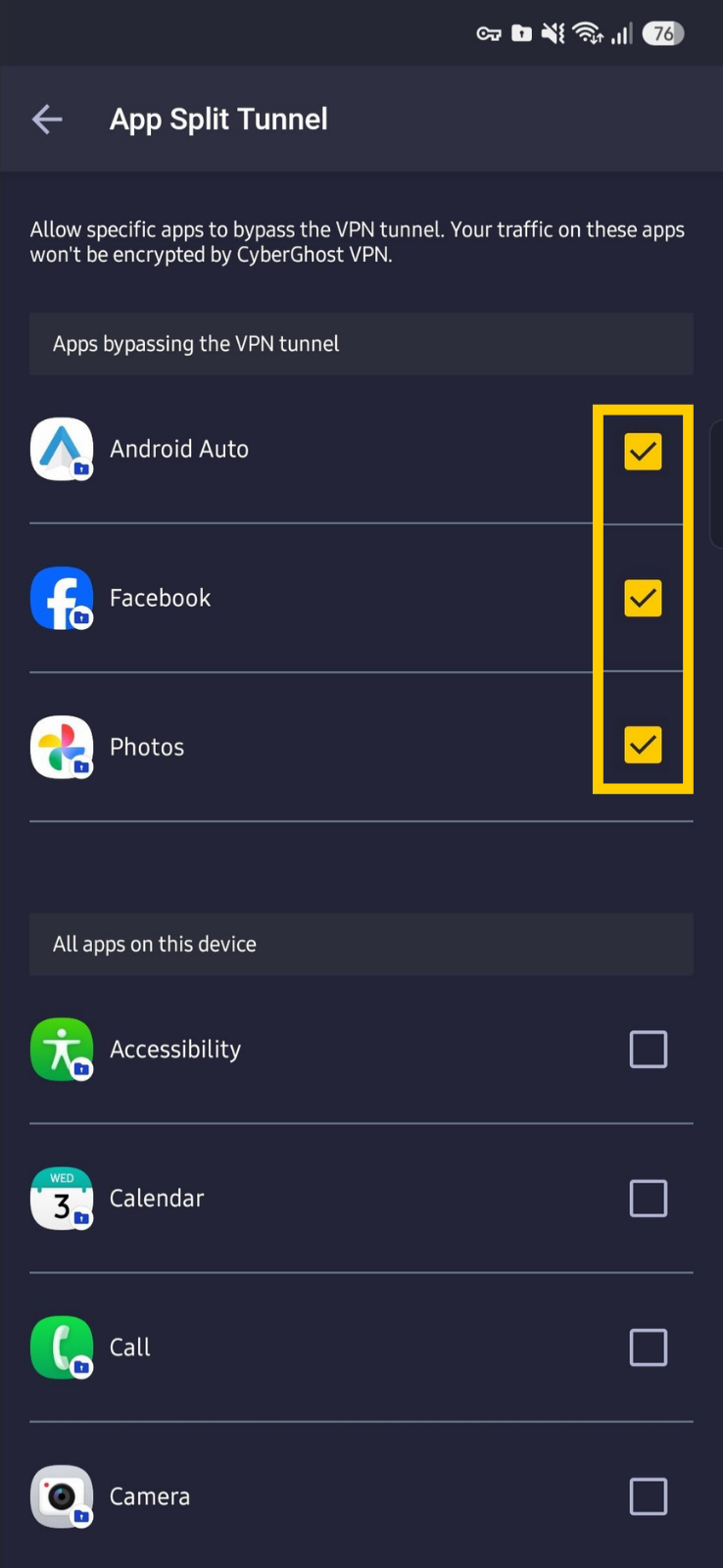 Configuration de l'App Split Tunnel  dans l'application CyberGhost VPN pour Android.