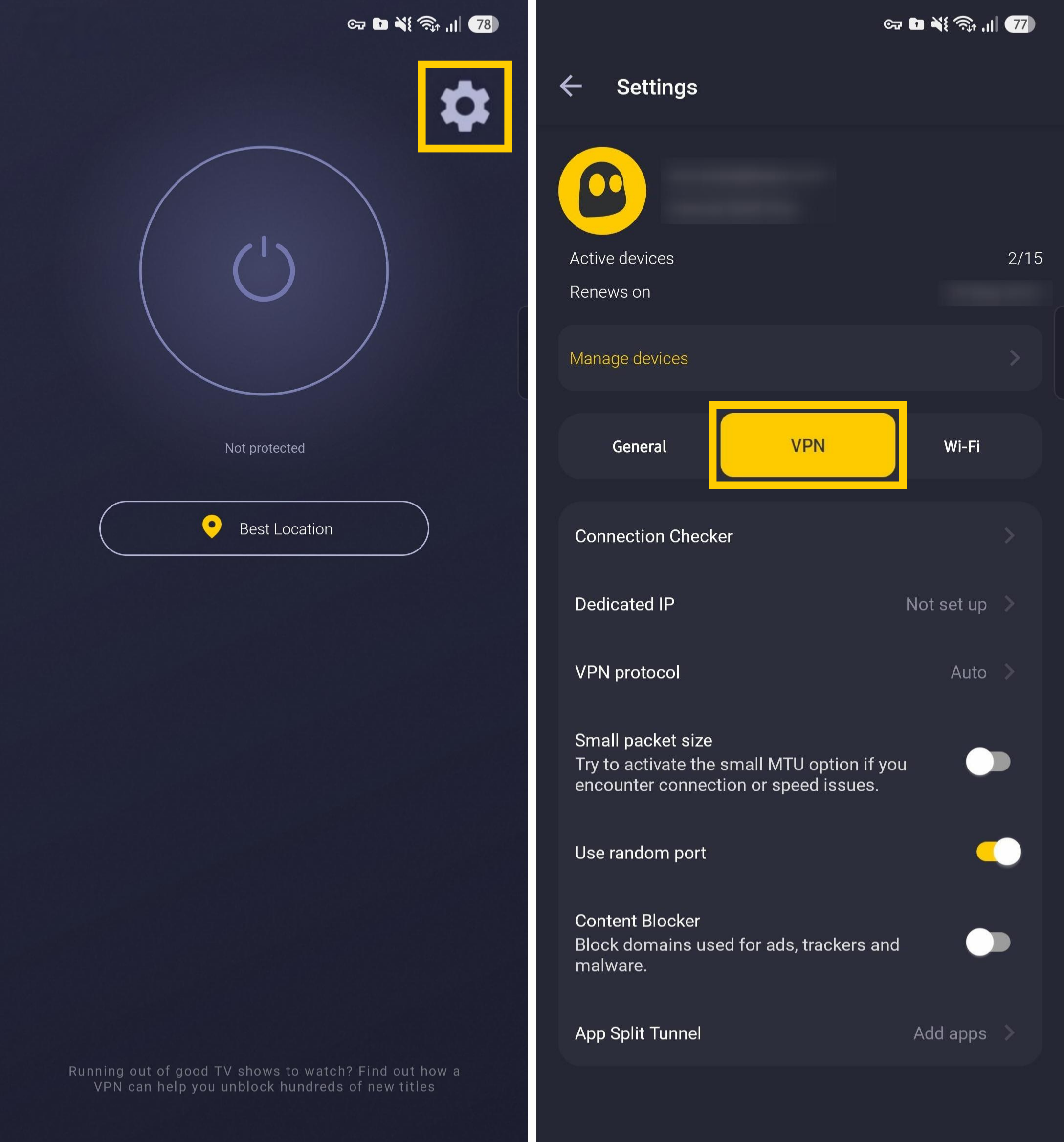 Menu des paramètres VPN dans l'application CyberGhost VPN pour Android.