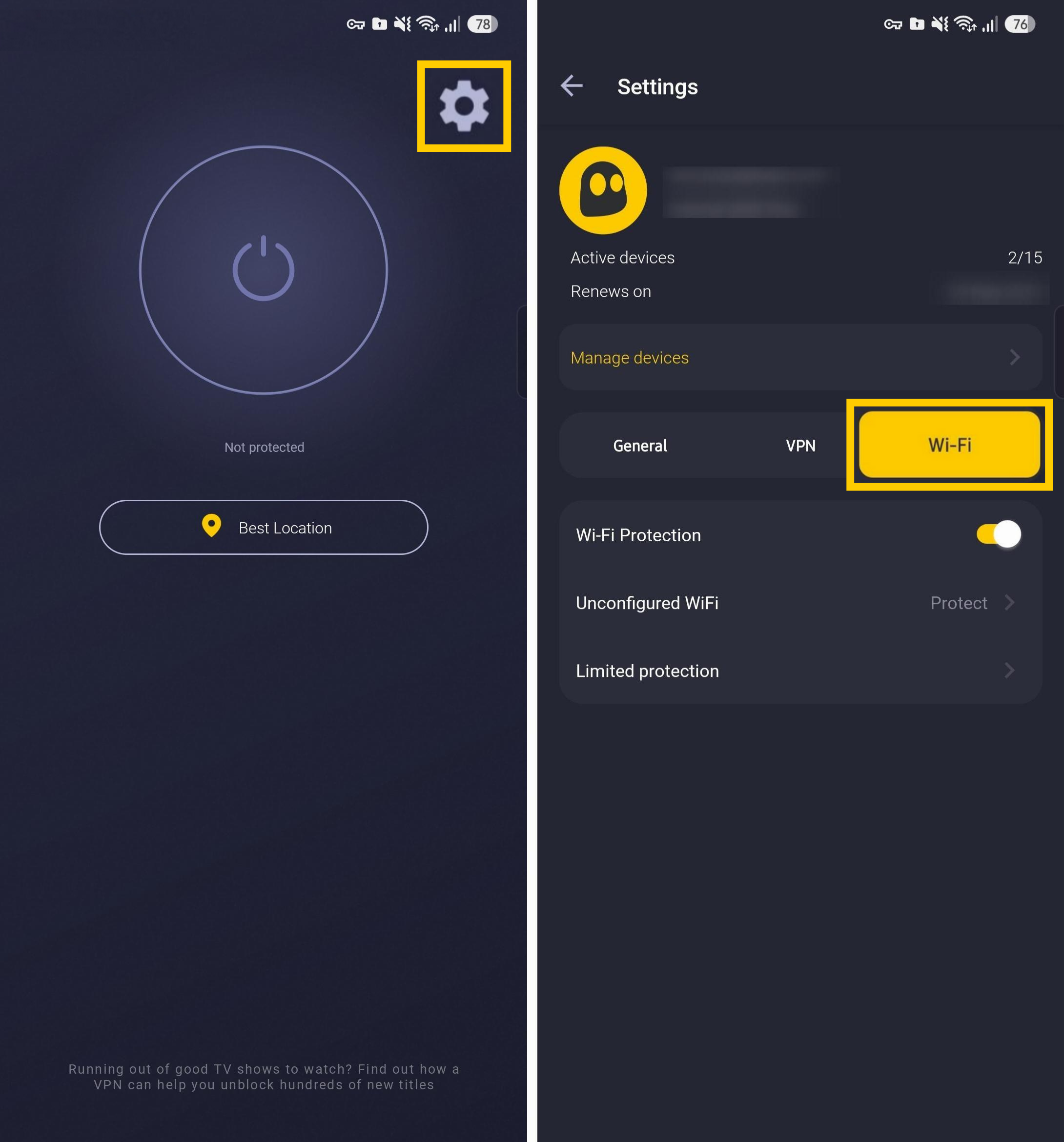Navigation dans les paramètres VPN Wi-Fi de l'application Android.