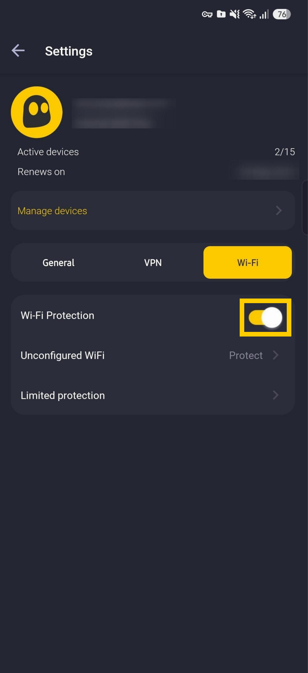 Fonctionnalité de protection Wi-Fi activée dans l'application CyberGhost VPN pour Android.