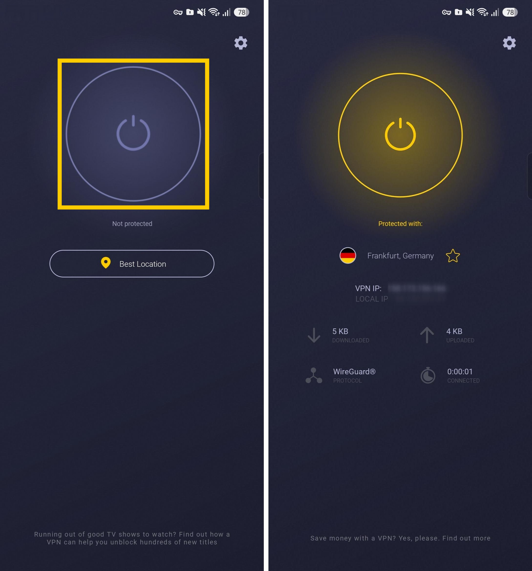Schnellverbindungsschaltfläche von CyberGhost VPN auf dem Android-Startbildschirm.