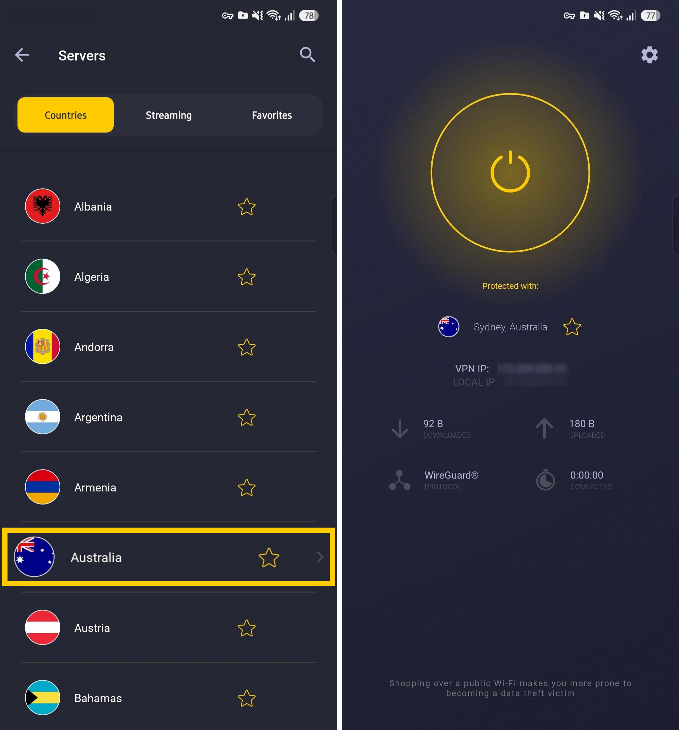 Option für die manuelle Serververbindung in der App von CyberGhost VPN für Android.