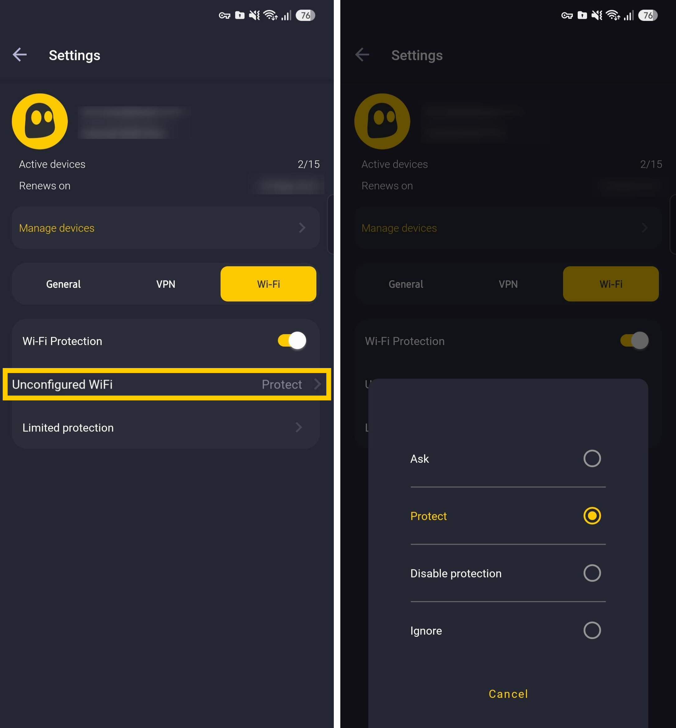 Normale VPN-Regeln für nicht konfigurierte WLAN-Netzwerke.
