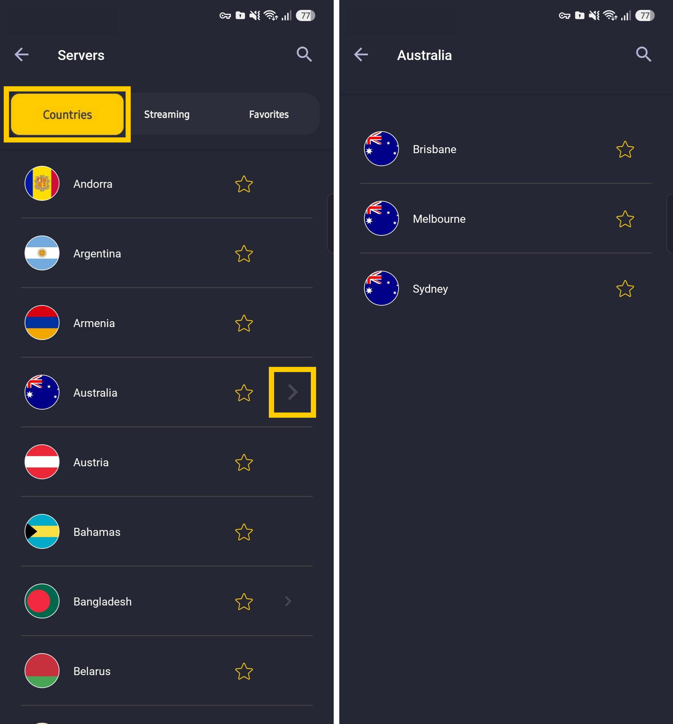 Liste der VPN-Server von CyberGhost mit der Option, nach Städten zu suchen.