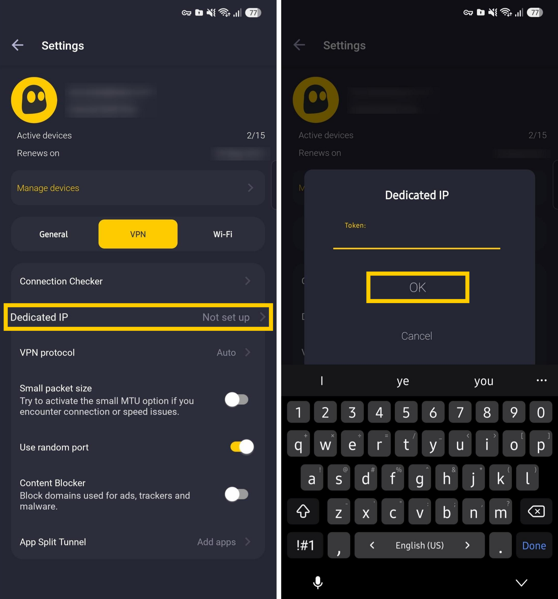 Funktion und Einrichtung für ein VPN mit dedizierter IP-Adresse in der Android-App.