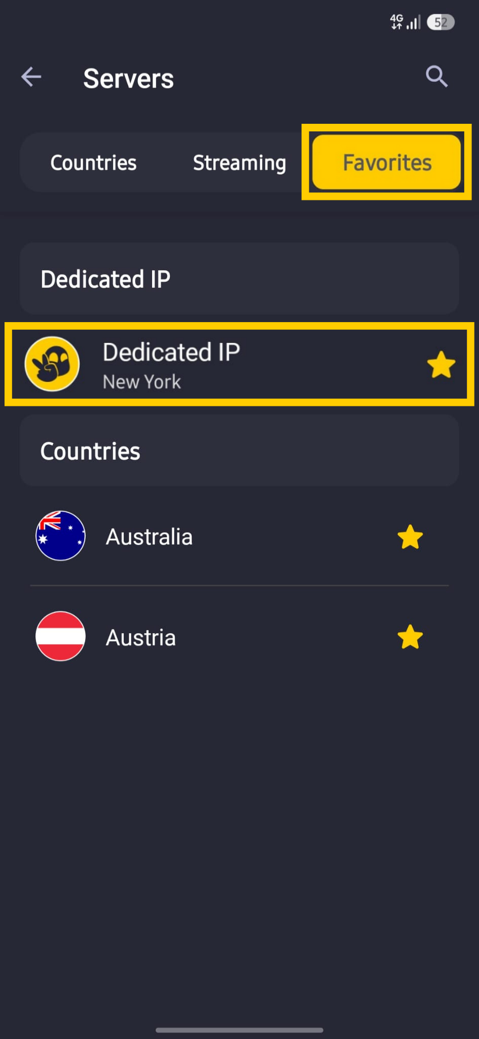 Verbindung zu einer dedizierten IP-Adresse in der App von CyberGhost VPN für Android herstellen.