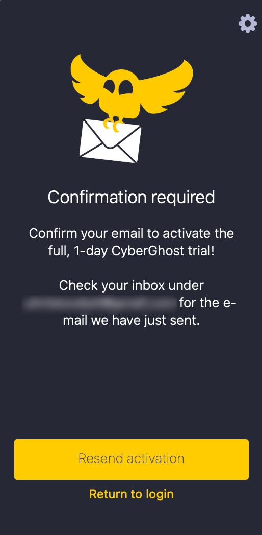 The "Confirmation required" screen in the CyberGhost app for macOS, with a "Resend activation" and "return to login" buttons at the bottom.