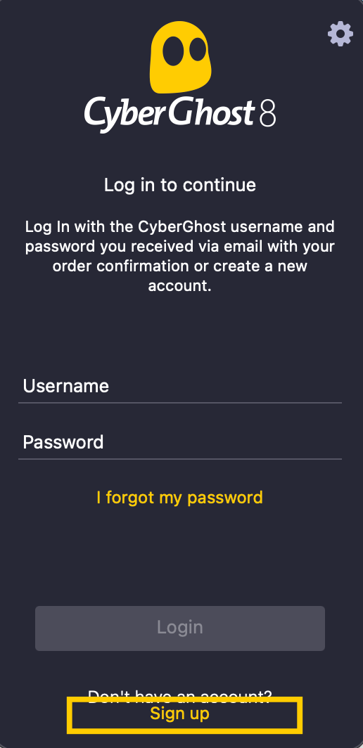 The welcome screen in the CyberGhost app for macOS, with a highlighted "Sign up" button at the bottom.