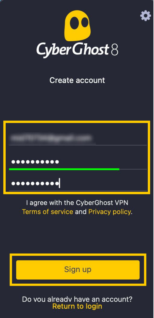 The "Create account: screen in the CyberGhost app for macOS, with a highlighted "Sign up" button at the bottom.