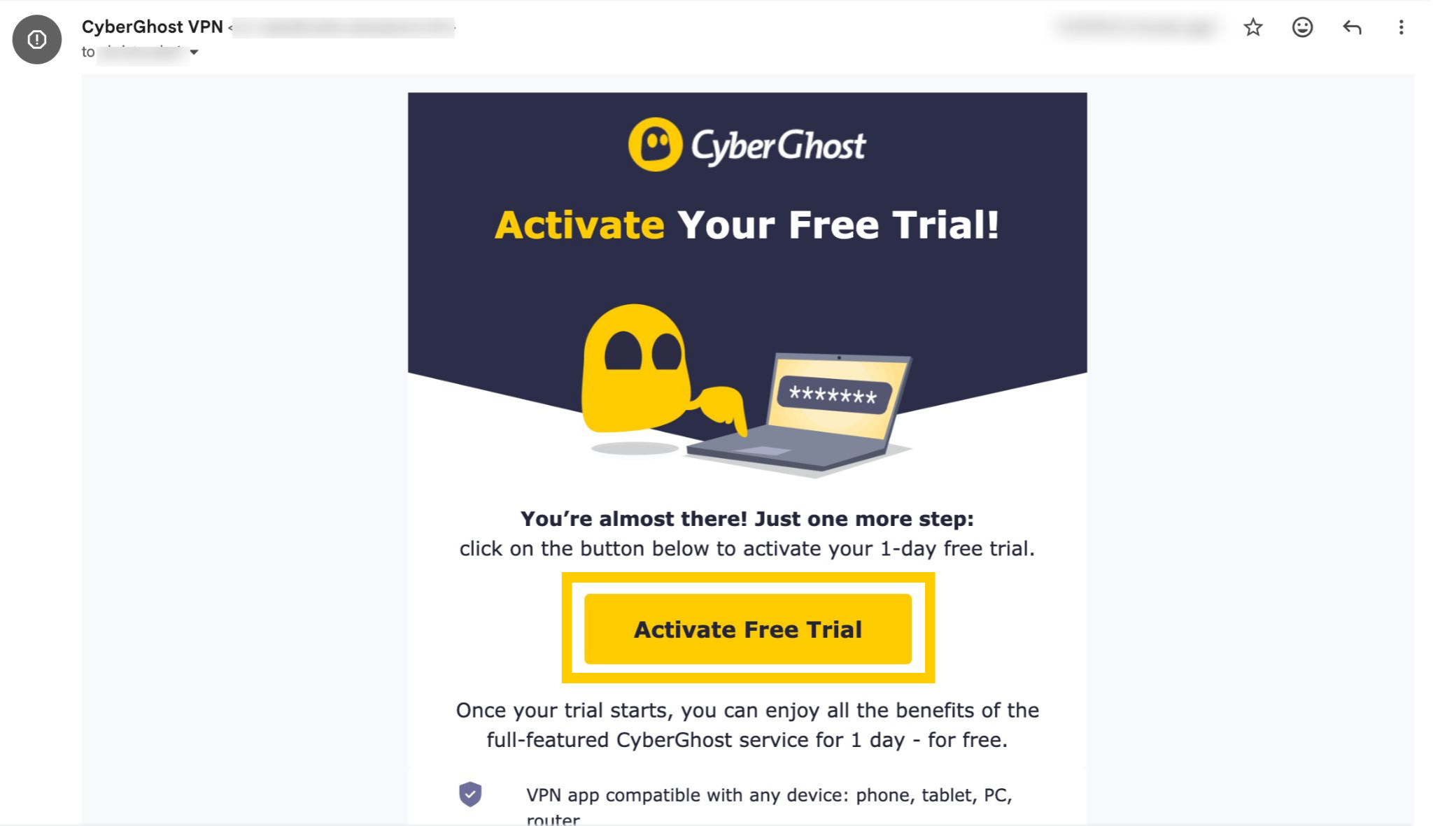An "Activate Your Free Trial!" email from CyberGhost VPN, with a highlighted "Activate Free Trial" button.