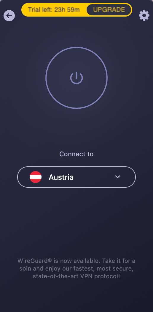 The CyberGhostVPN app for macOS, showing a trial timer at the top.