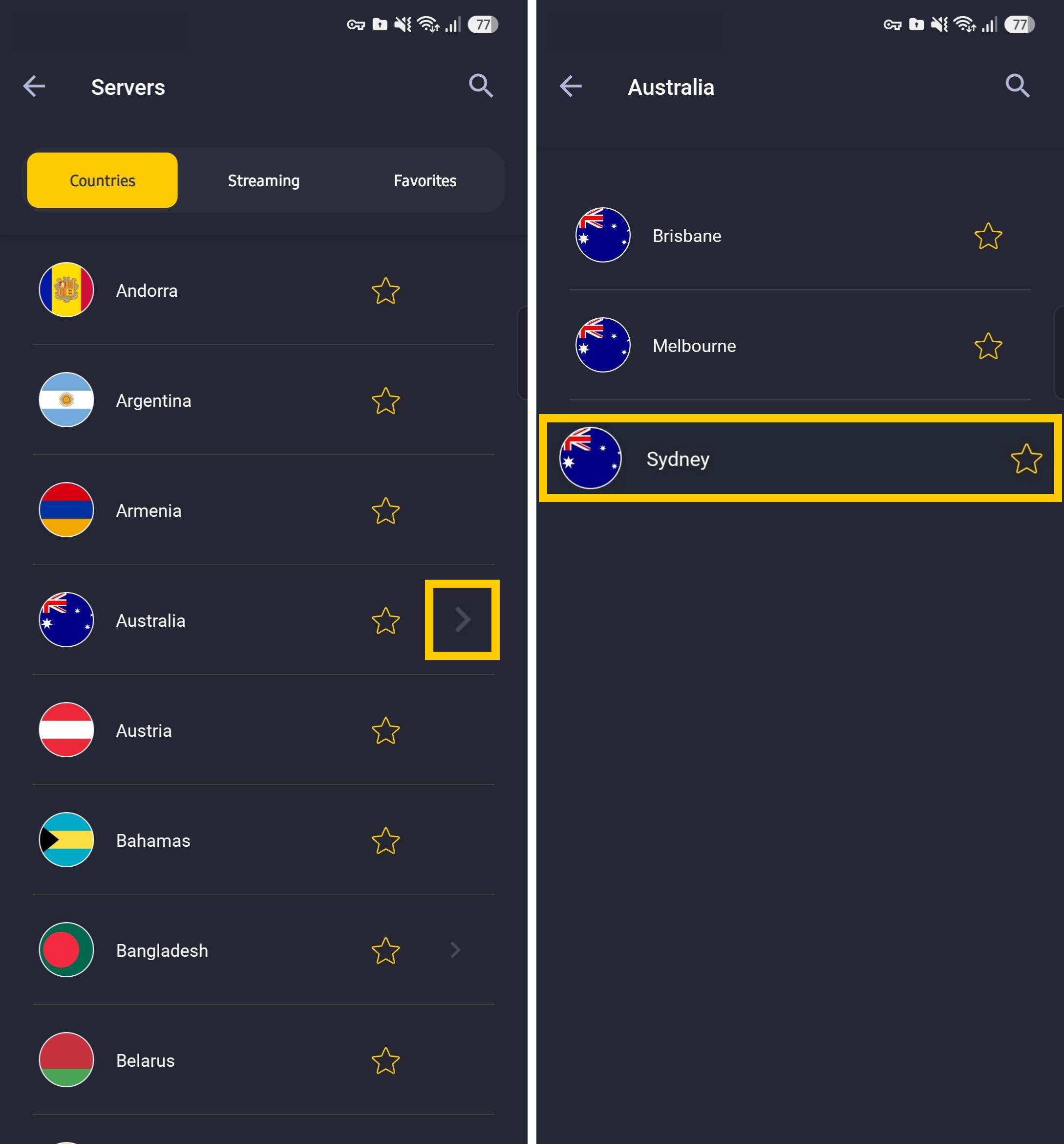 Liste des villes et serveurs CyberGhost VPN, par pays.