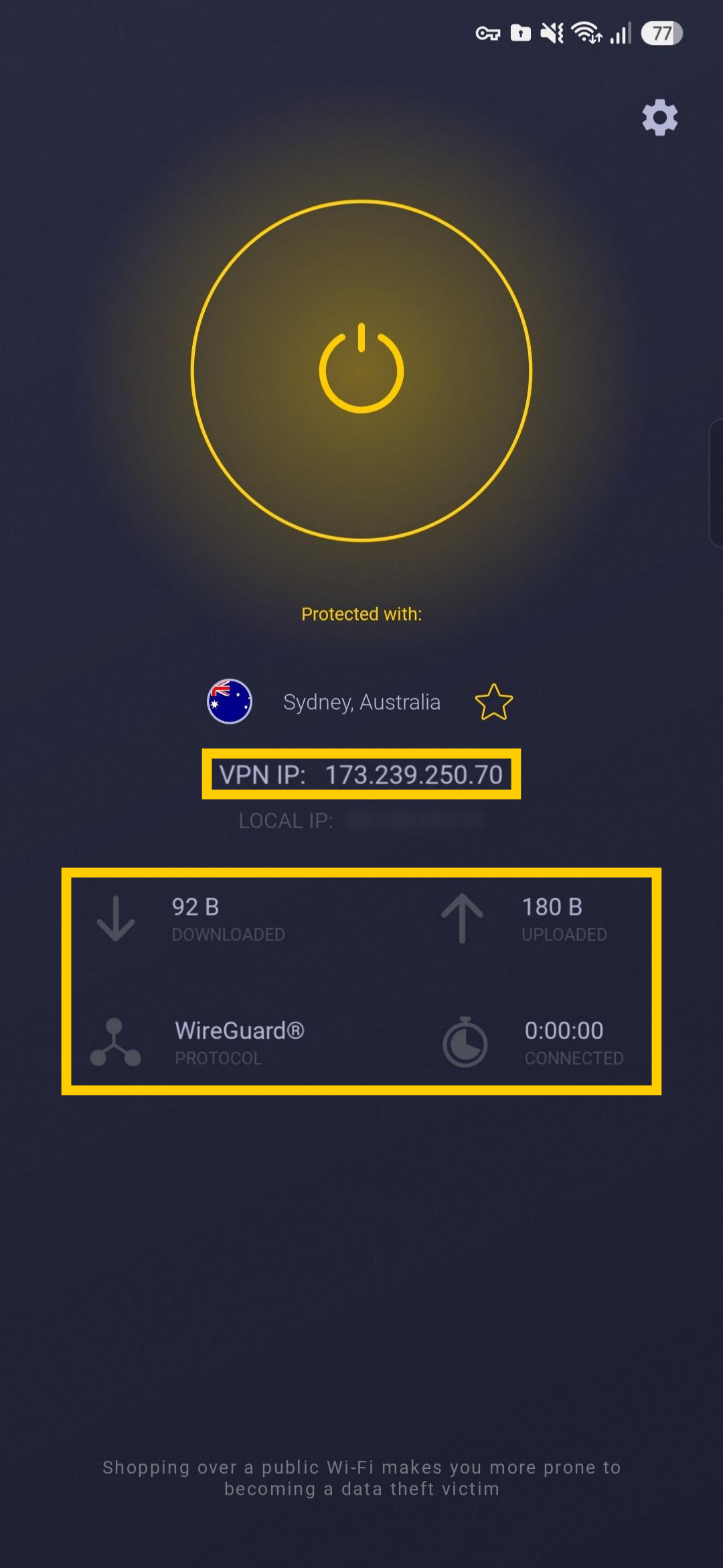 Écran de connexion VPN active et statistiques sur le tableau de bord CyberGhost VPN.