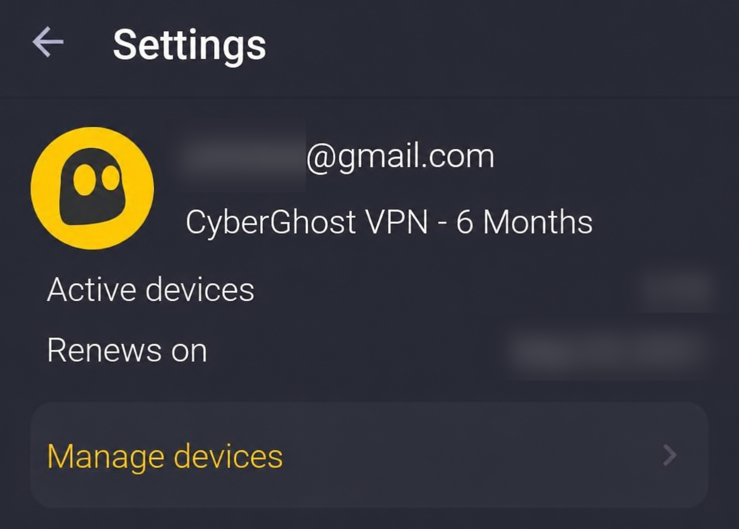 Menu des informations du compte CyberGhost VPN.