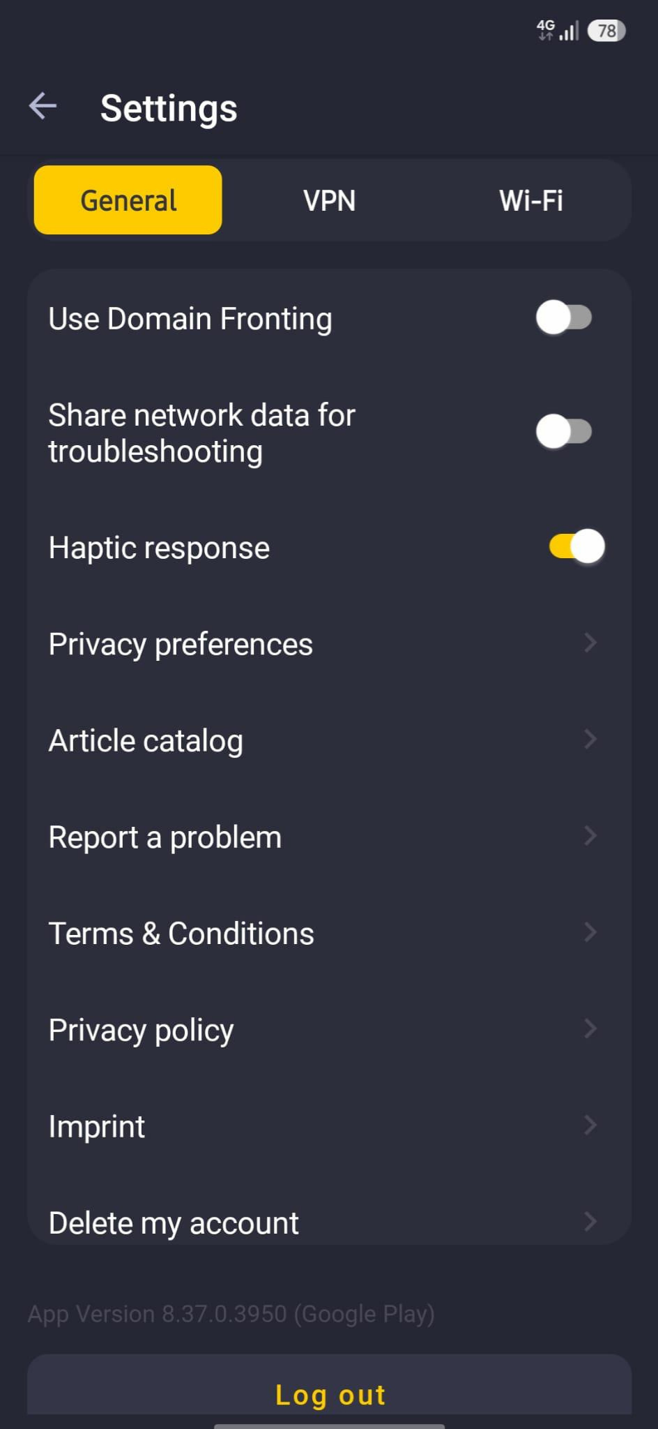 Paramètres généraux de l'application CyberGhost VPN.