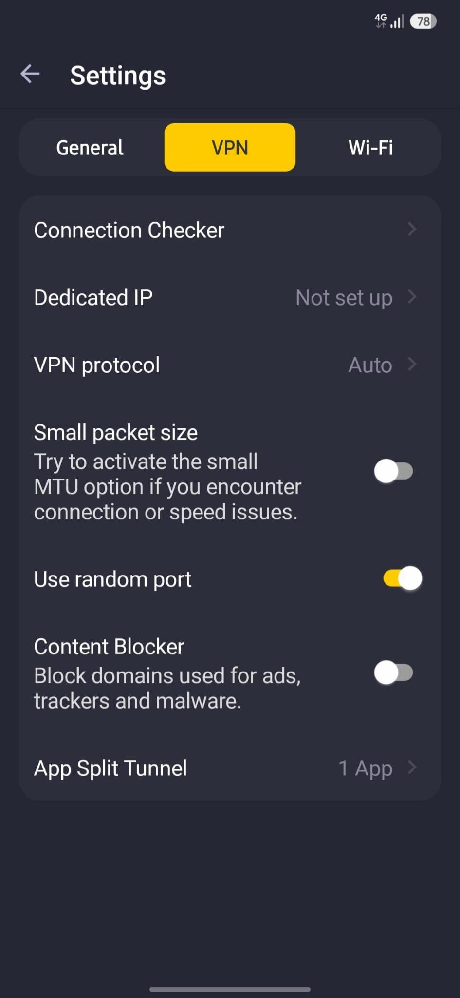 Paramètres de connexion CyberGhost VPN.
