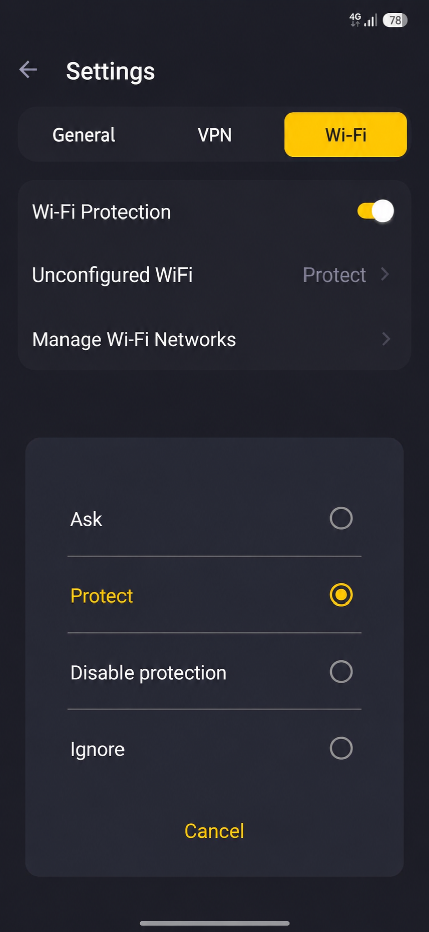 Paramètres de Protection Wi-Fi de CyberGhost VPN.