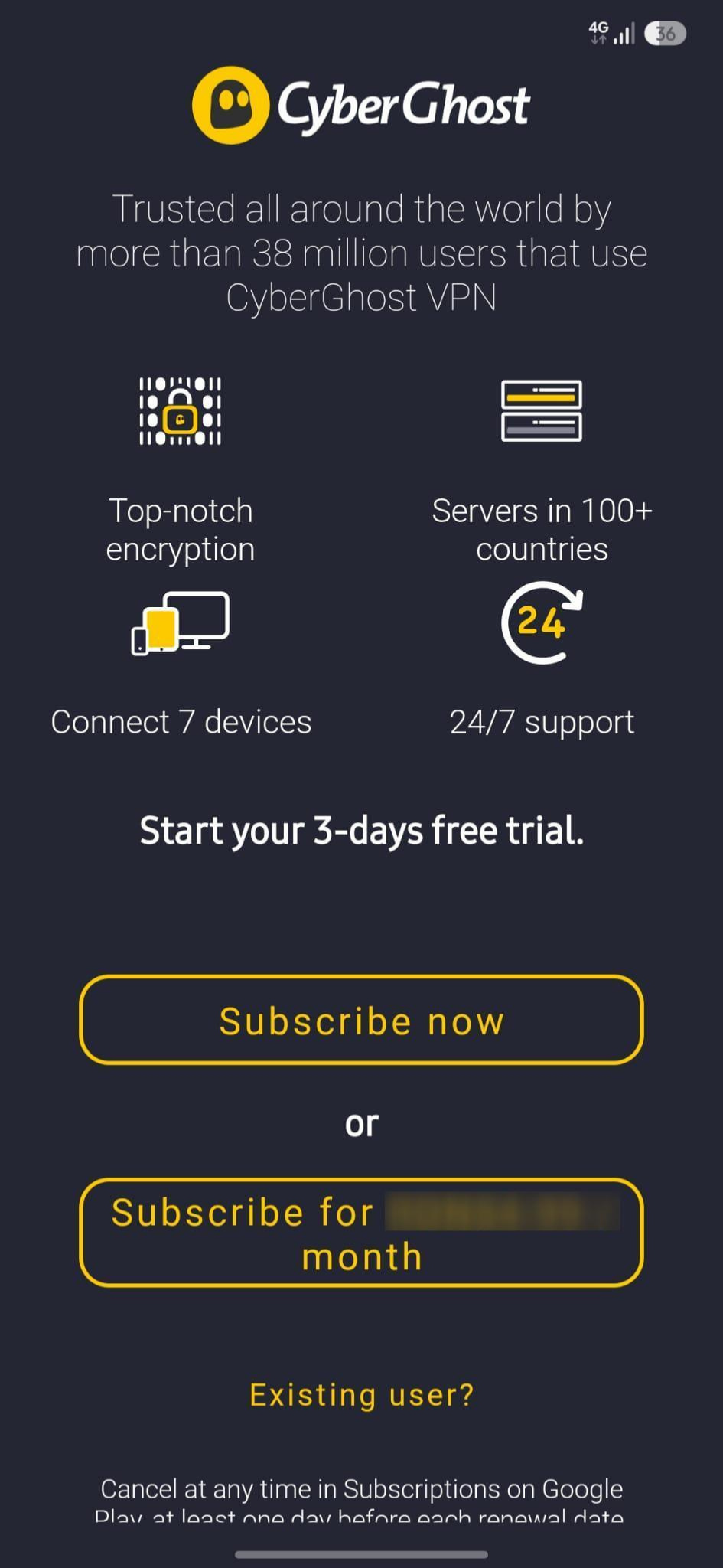 Page d'abonnement à CyberGhost VPN sur Android.