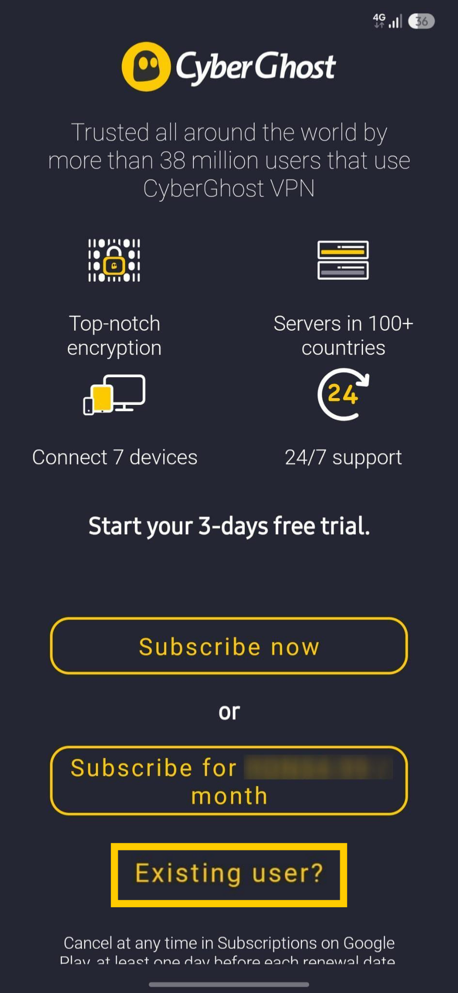 Option pour les utilisateurs existants de CyberGhost VPN, mise en évidence sur l'écran d'accueil Android.