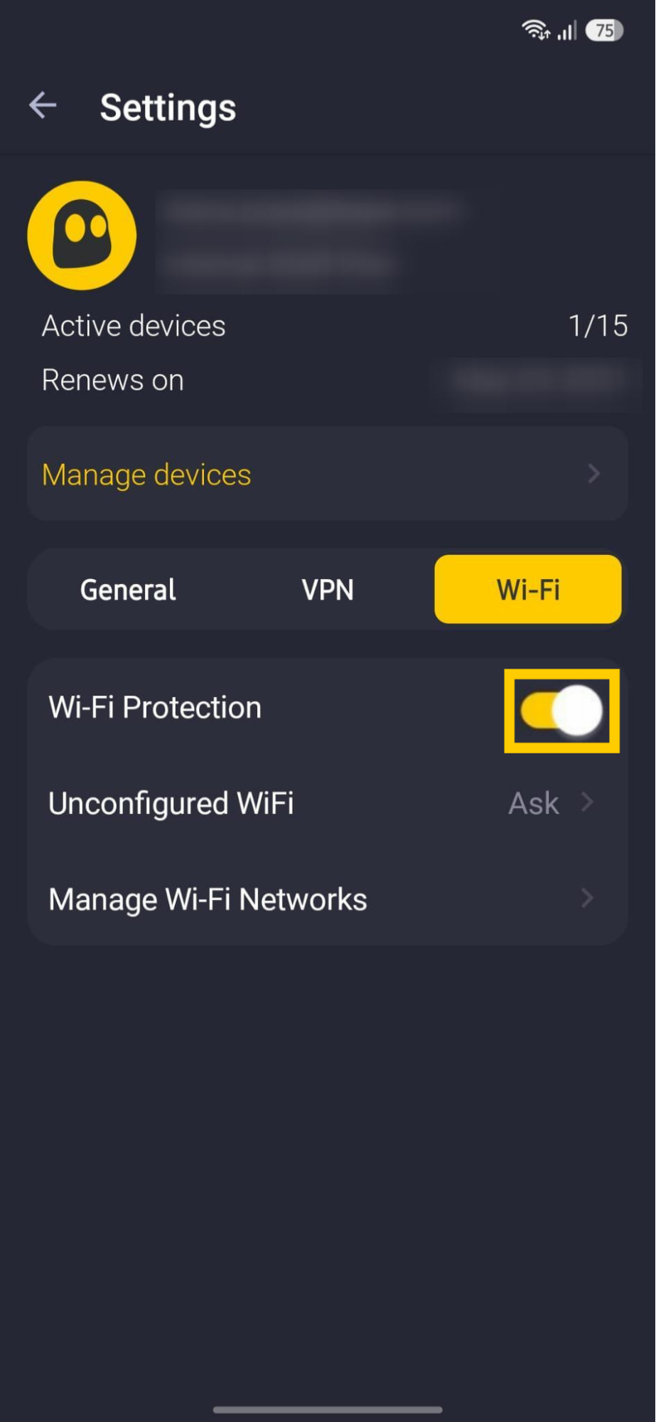 Fonctionnalité Protection Wi-Fi dans l'application CyberGhost VPN.