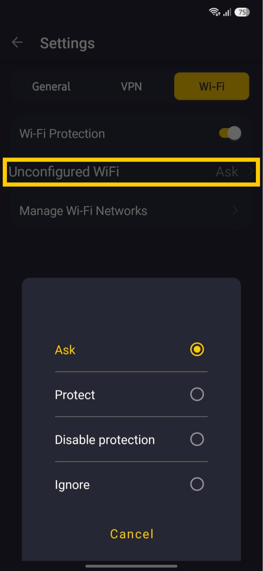 CyberGhost VPN: Menü „WLAN-Schutz“ mit Optionen.