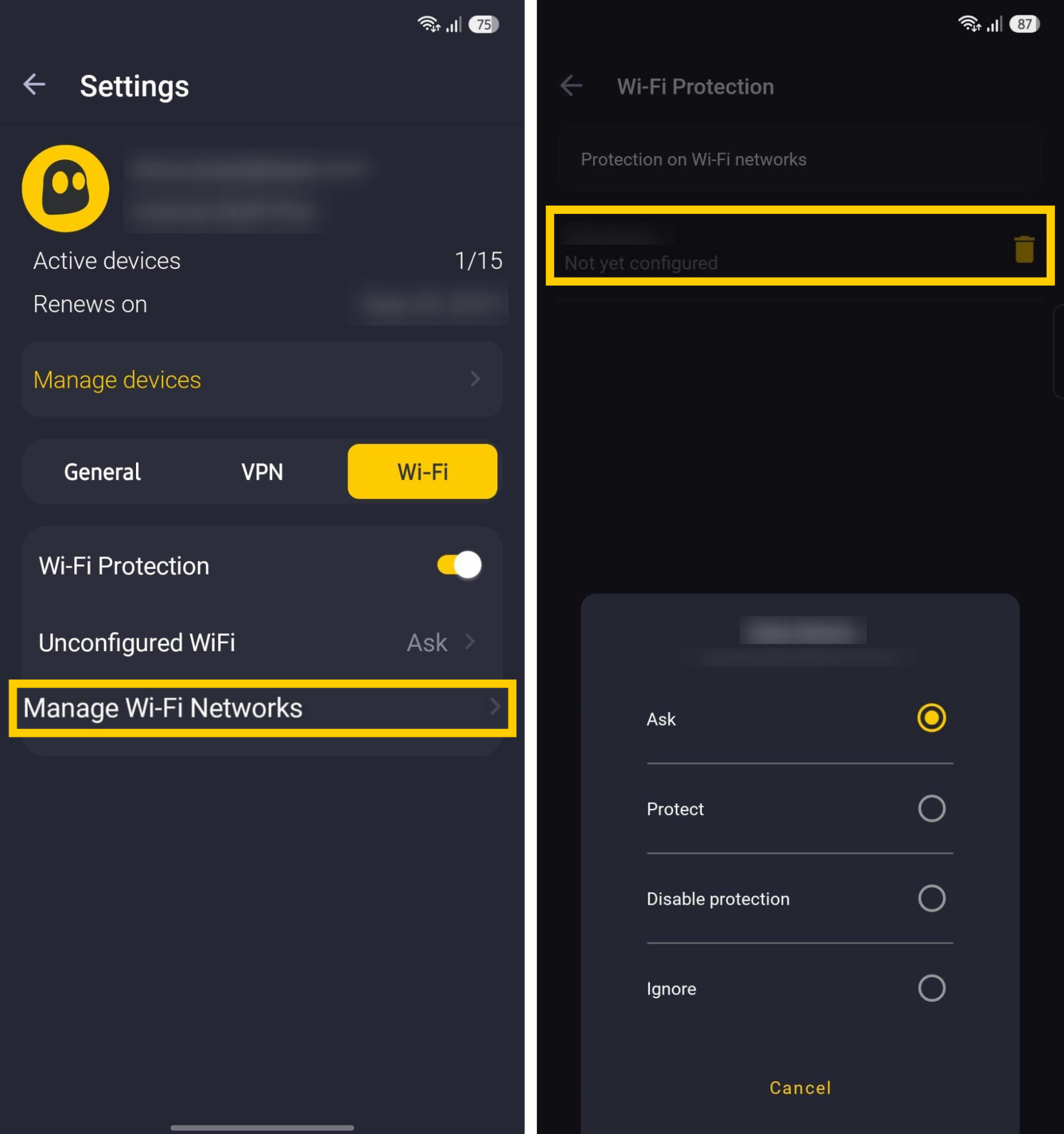 Verwalten von Netzwerken und VPN-Berechtigungen in den WLAN-Einstellungen von CyberGhost VPN.