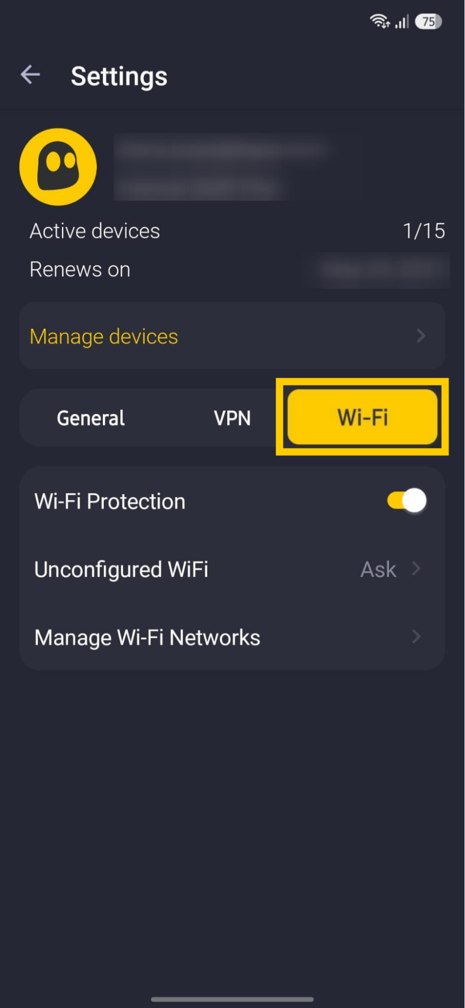 Menü mit den WLAN-Einstellungen von CyberGhost VPN.