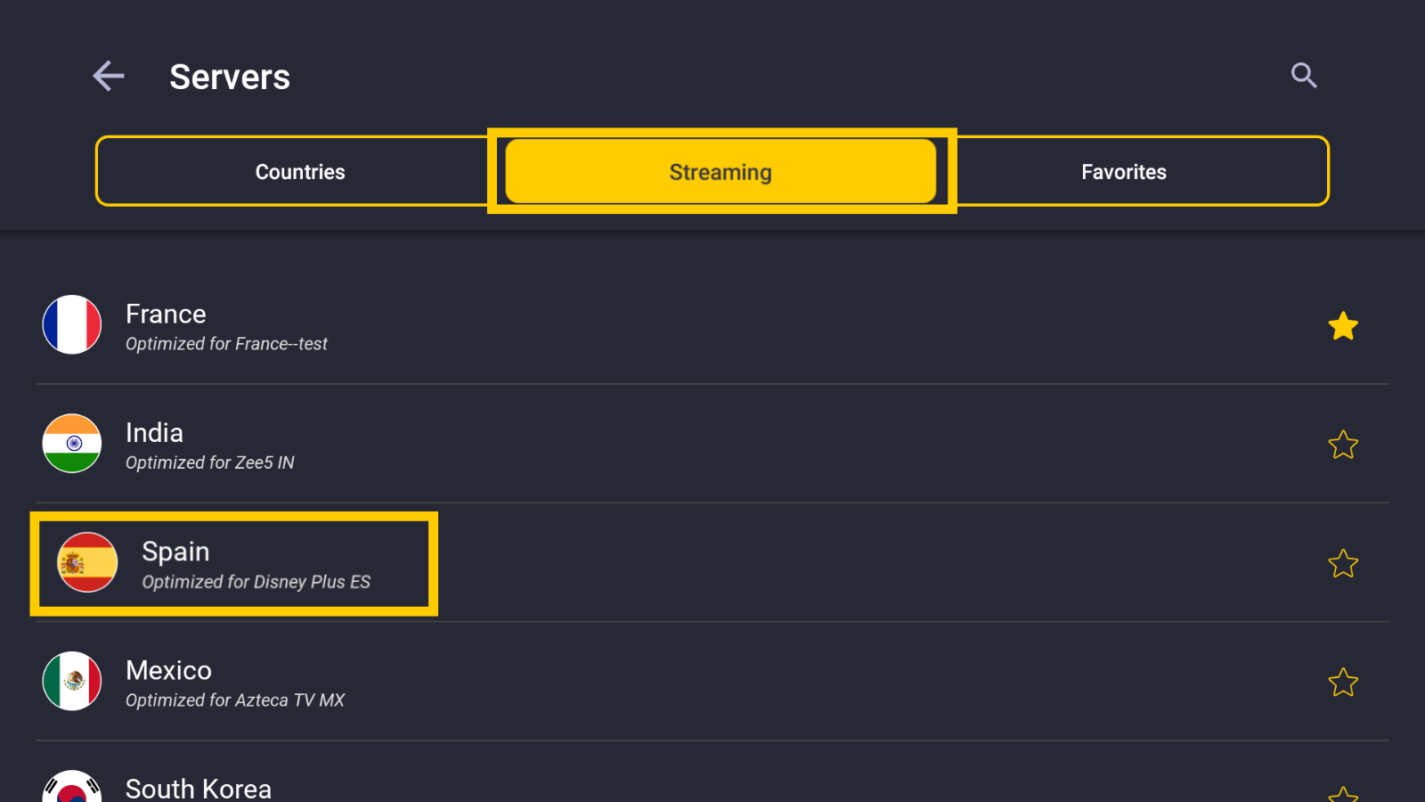 Cyberghost Fire TV Streaming server list showing the different servers optimized for streaming