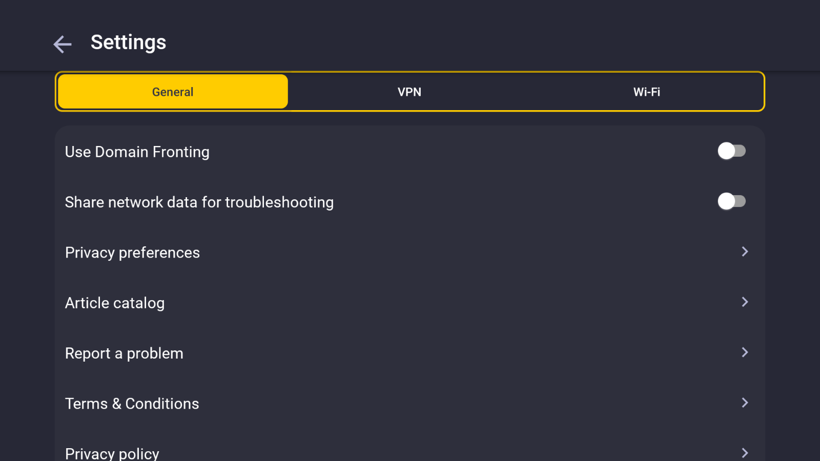 CyberGhost General menu with different customization options available