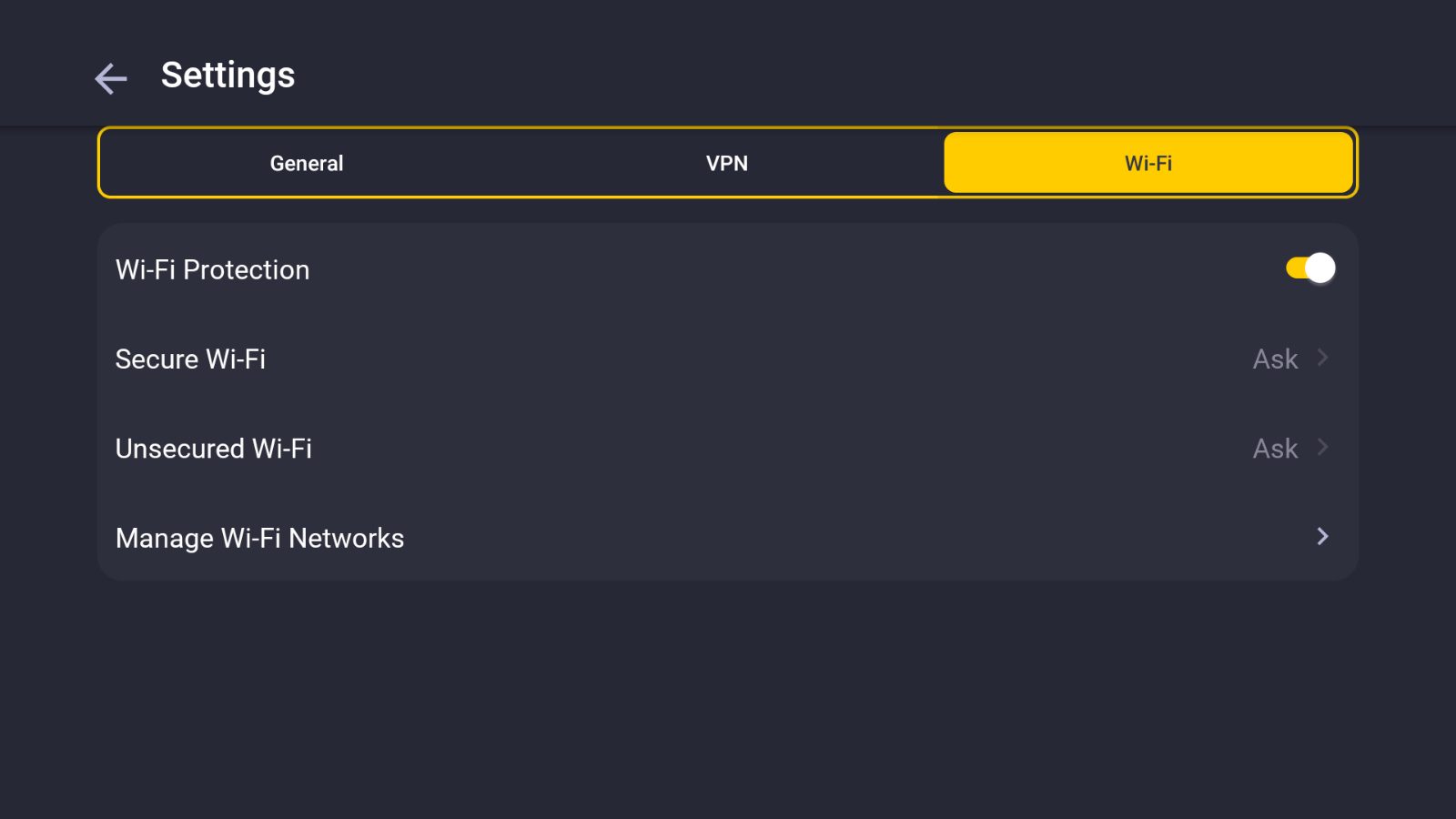 CyberGhost Wi-Fi options menu, allowing you to customize when CyberGhost connects