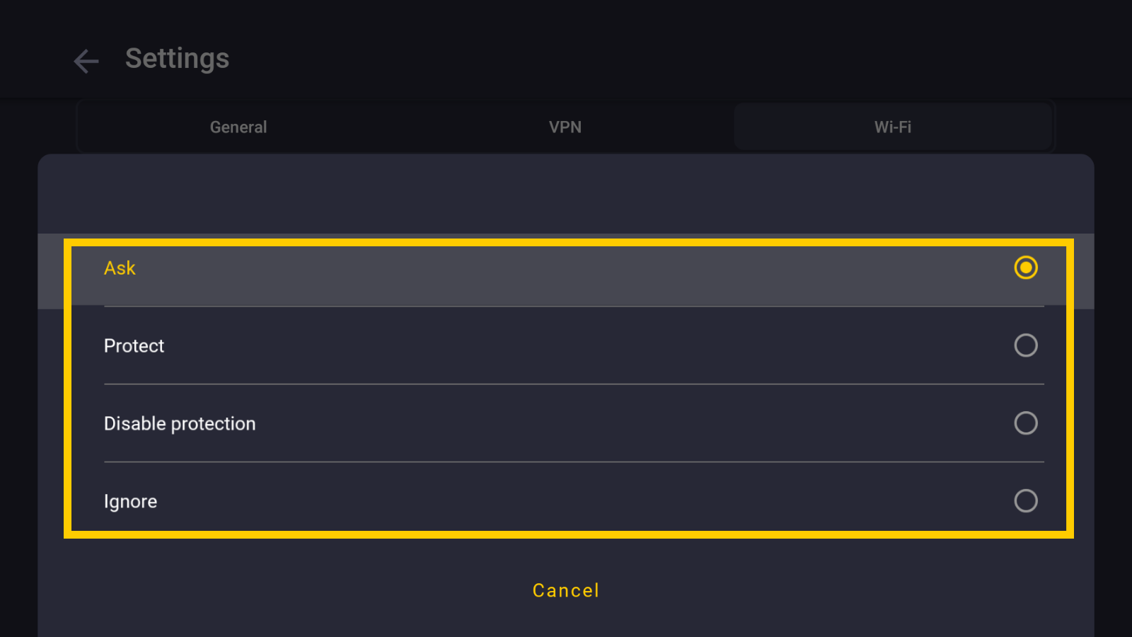 CyberGhost Wi-Fi protection settings, with Ask enabled by default