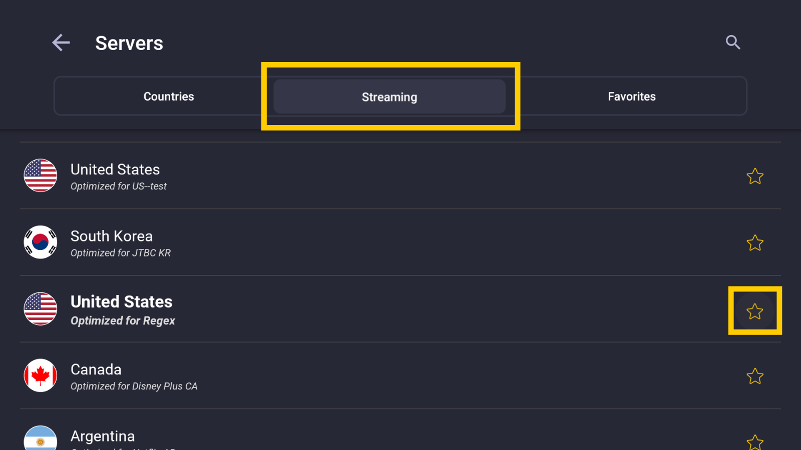CyberGhost streaming-optimized servers alongside the star icons used to select favorites